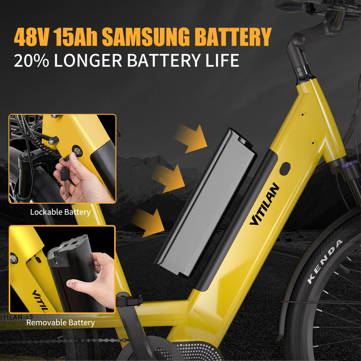 Żółty rower elektryczny z wyjmowaną baterią. Napis głosi: 'Bateria Samsung 48V 15Ah' oraz '20% dłuższa żywotność baterii'.