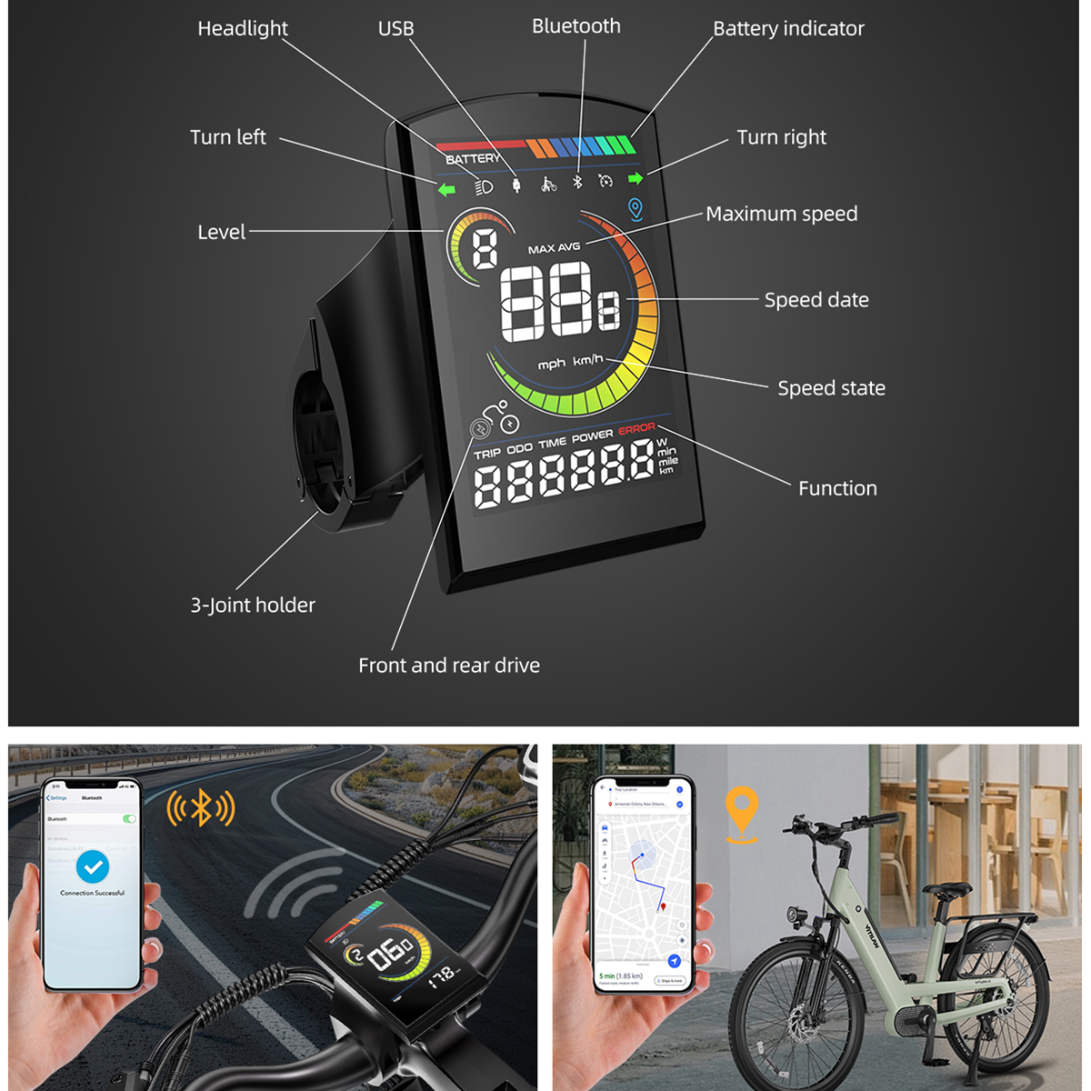 Wyświetlacz roweru elektrycznego pokazuje prędkość, baterię i inne dane. Dwa telefony pokazują połączenie Bluetooth i nawigację.