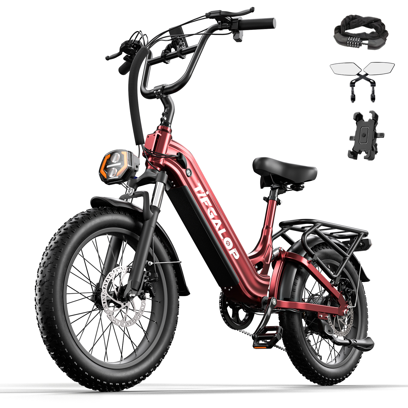 Czerwony rower elektryczny, akcesoria z boku. Czarne opony, rama. Przednie światło, czarna kierownica. Akcesoria obejmują zamek, lusterka i uchwyt na telefon.