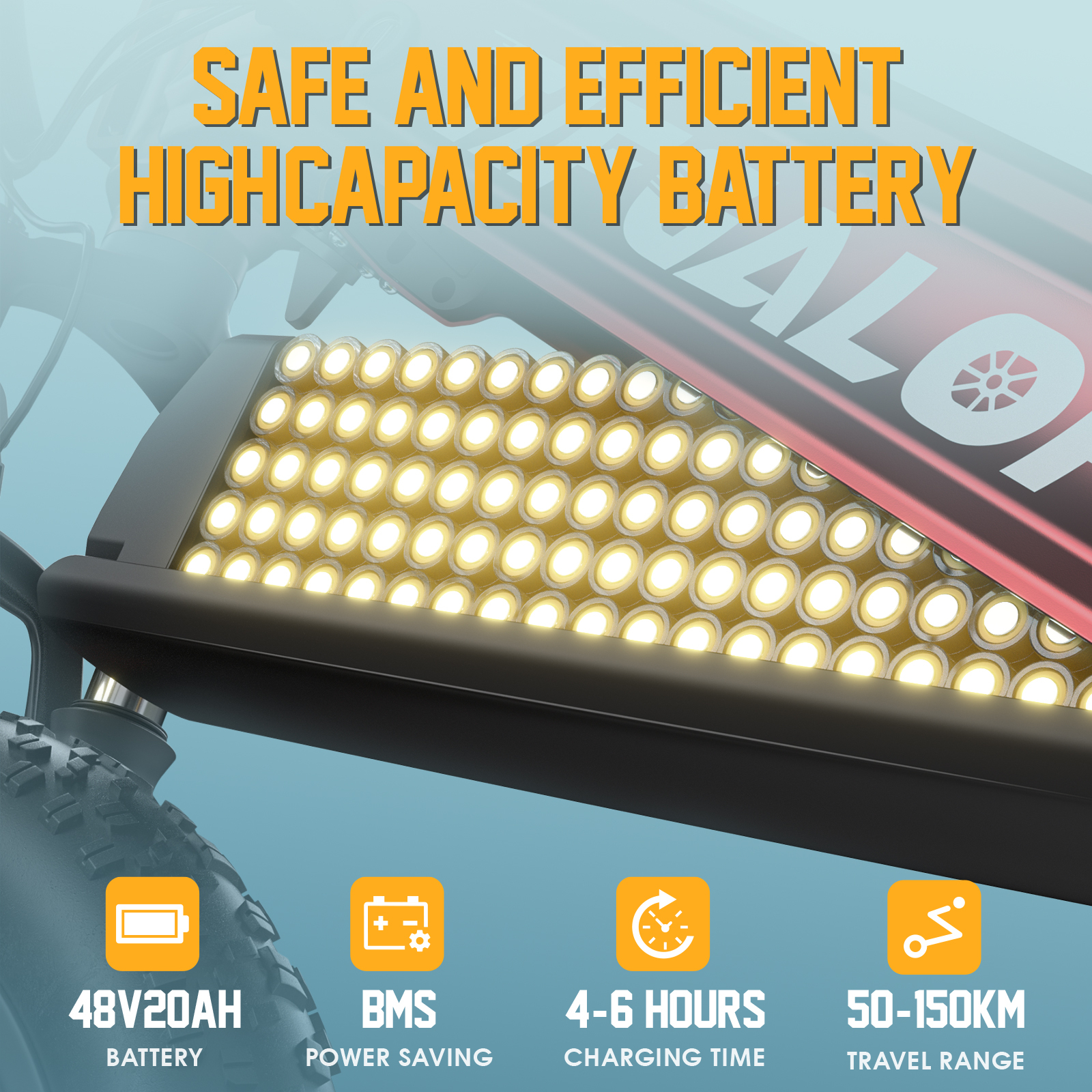 Szczegół roweru elektrycznego pokazujący zestaw świateł, specyfikacje baterii i informacje o zasięgu na niebieskim tle.