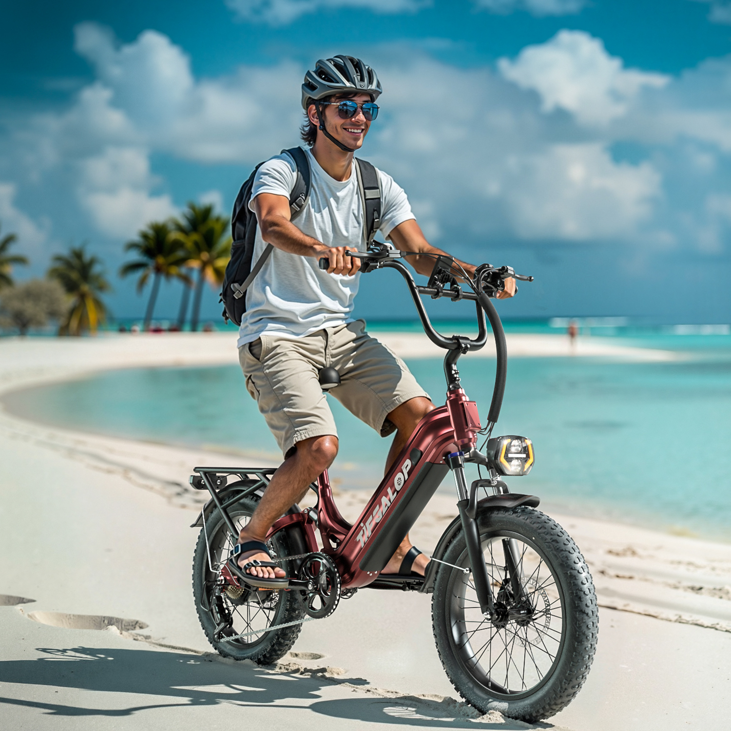 Mężczyzna jadący na czerwonym rowerze elektrycznym na piaszczystej plaży. Turkusowa woda, palmy i błękitne niebo w tle.