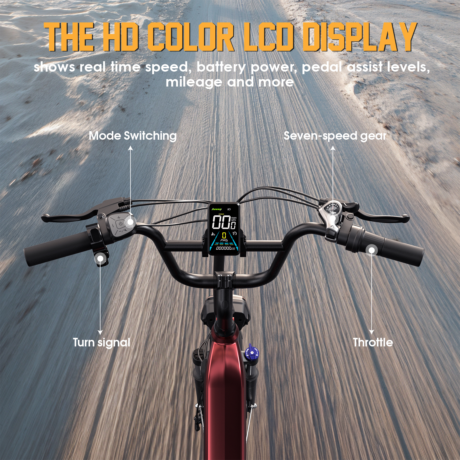 Kierownica i wyświetlacz roweru pokazują prędkość, baterię i biegi. Strzałki wskazują elementy sterujące i drogę.