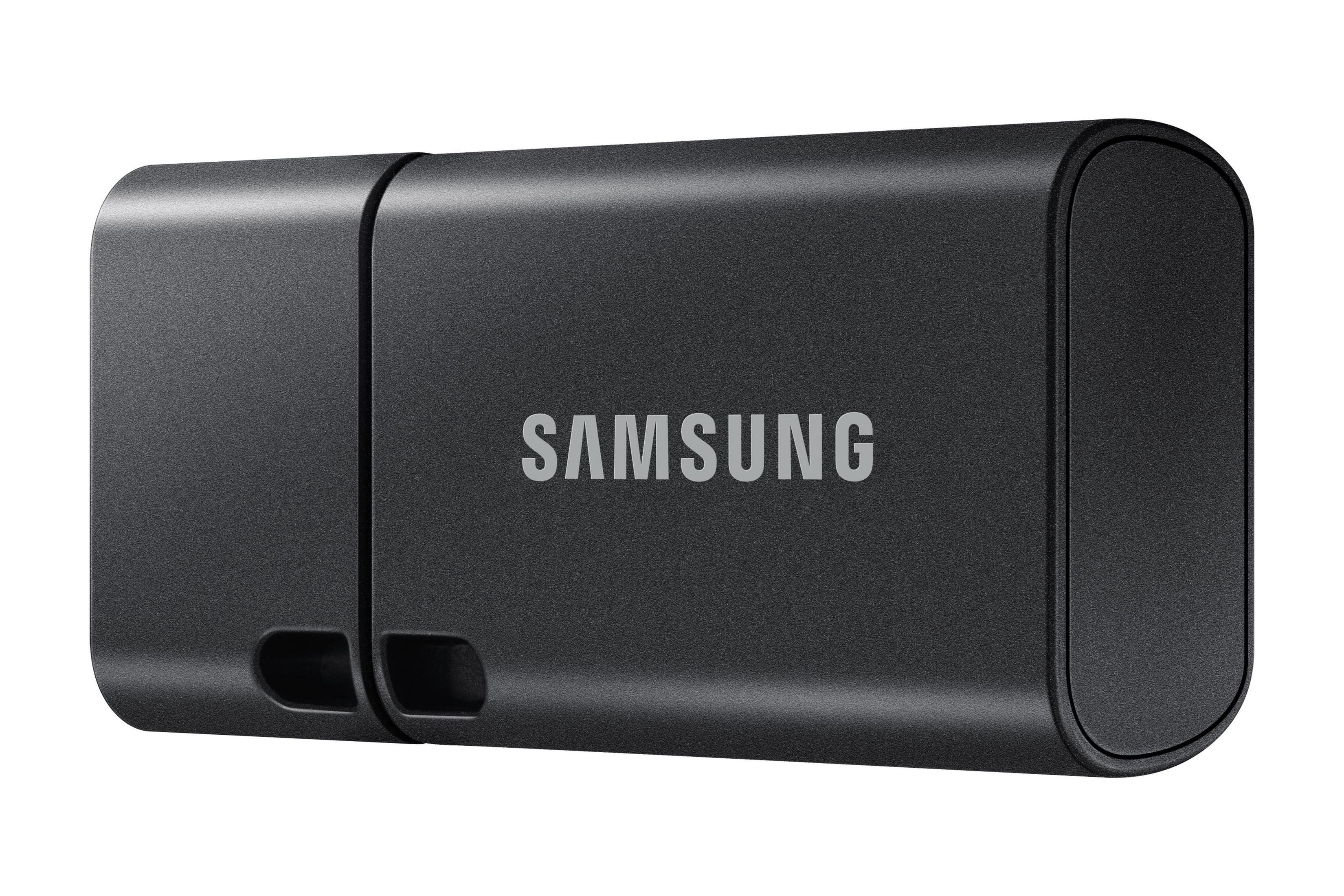 Een donkergrijze Samsung USB-stick op een witte achtergrond. De merknaam is wit.