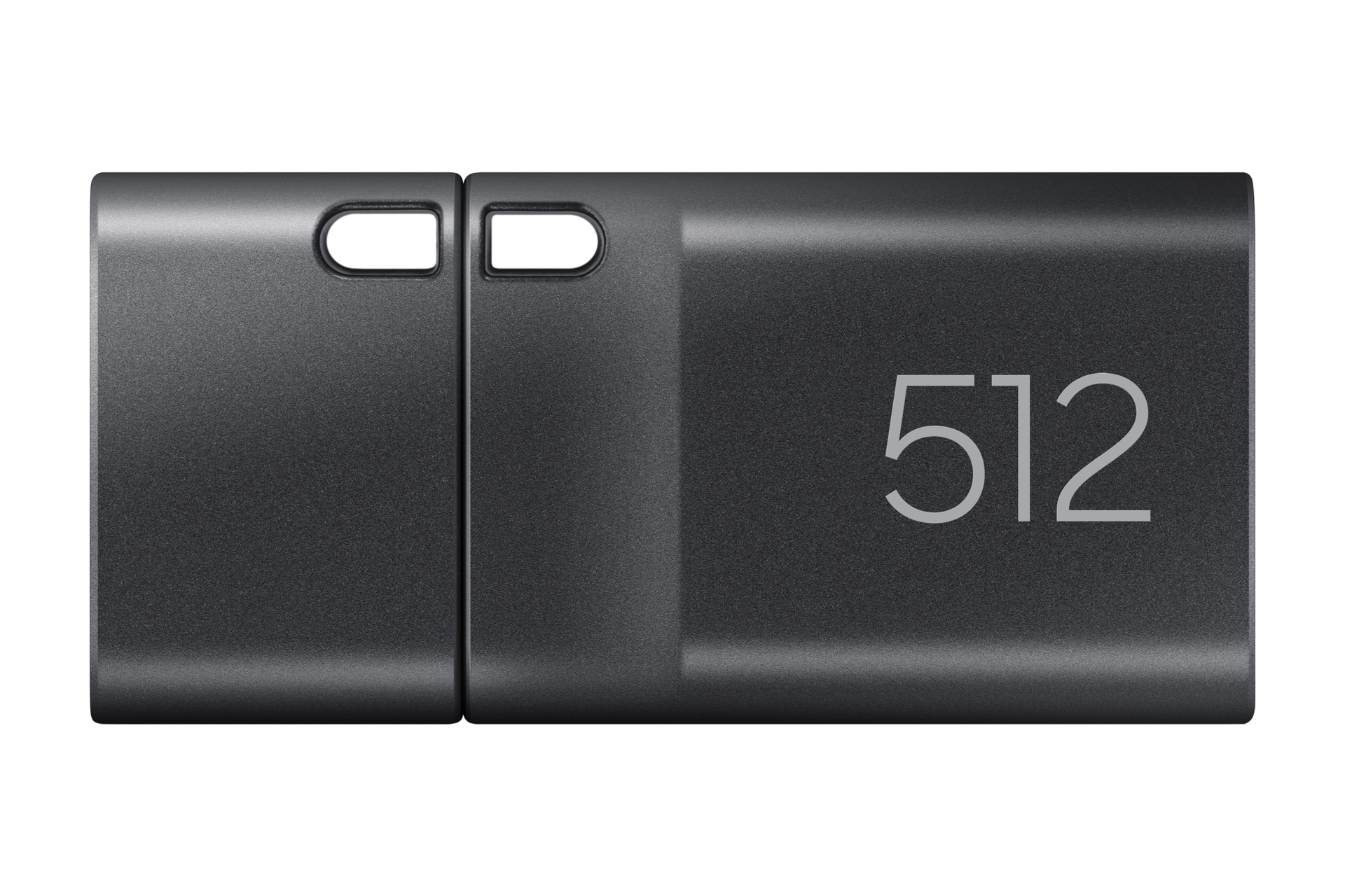 Een donkergrijze USB-stick. Het heeft twee kleine gaatjes aan de bovenkant en het nummer 512 staat erop.