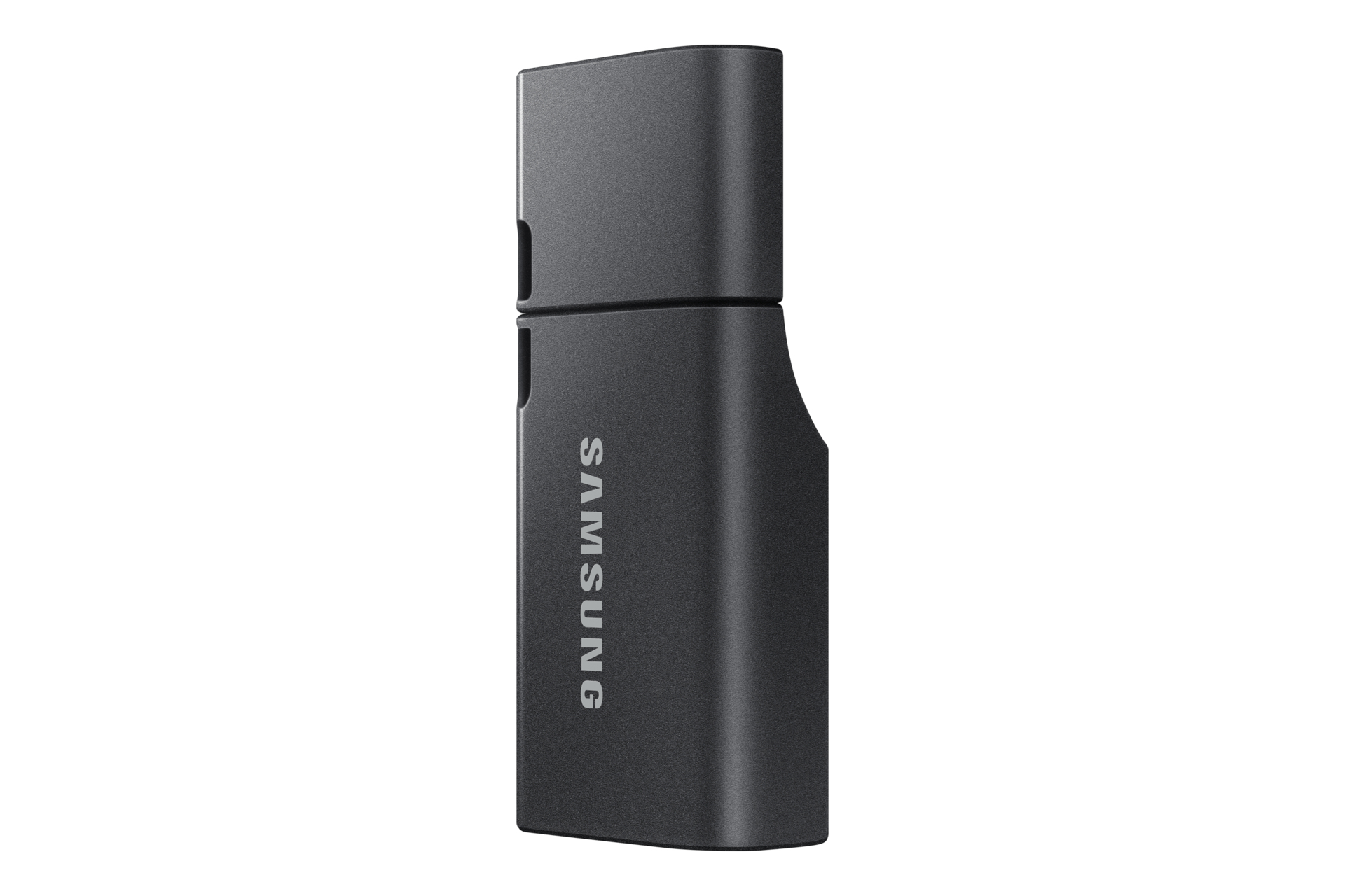 Een donkergrijze Samsung USB-drive staat verticaal. De naam Samsung staat op de drive.