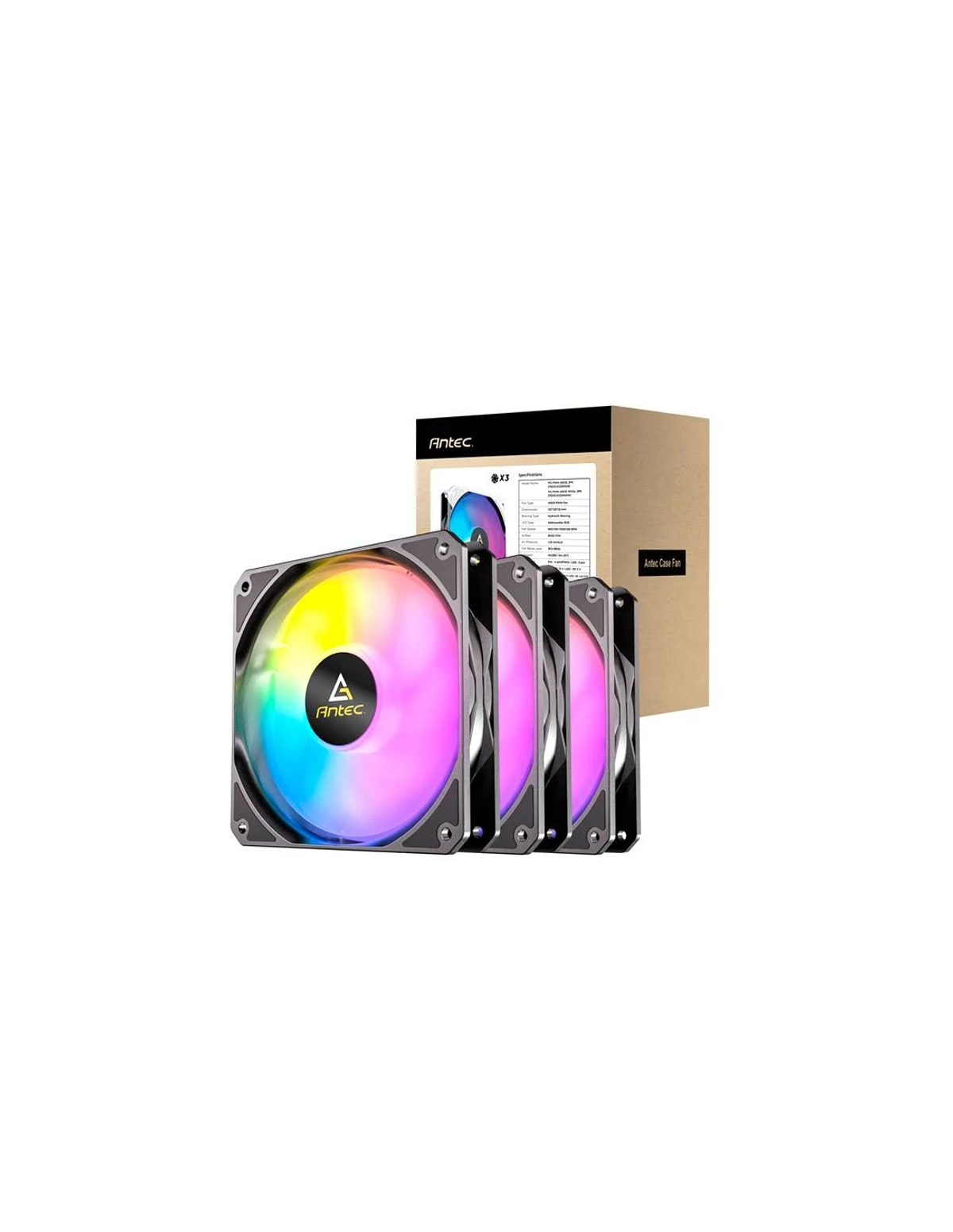 Antec-Gehäuselüfter mit RGB-Beleuchtung werden angezeigt. Hinter den Lüftern befindet sich eine Box. Die Lüfter sind farbenfroh.