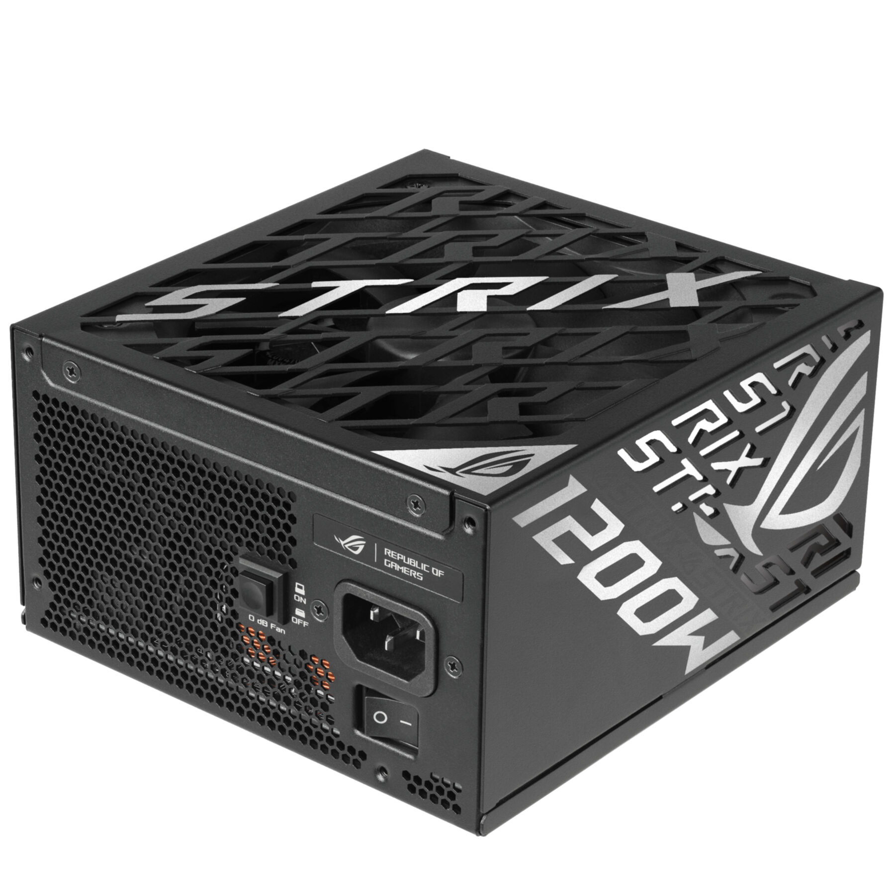 Czarny zasilacz komputerowy ze srebrnymi akcentami. Posiada logo ROG Strix i moc znamionową 1200W. Zawiera wejście zasilania i przełącznik.
