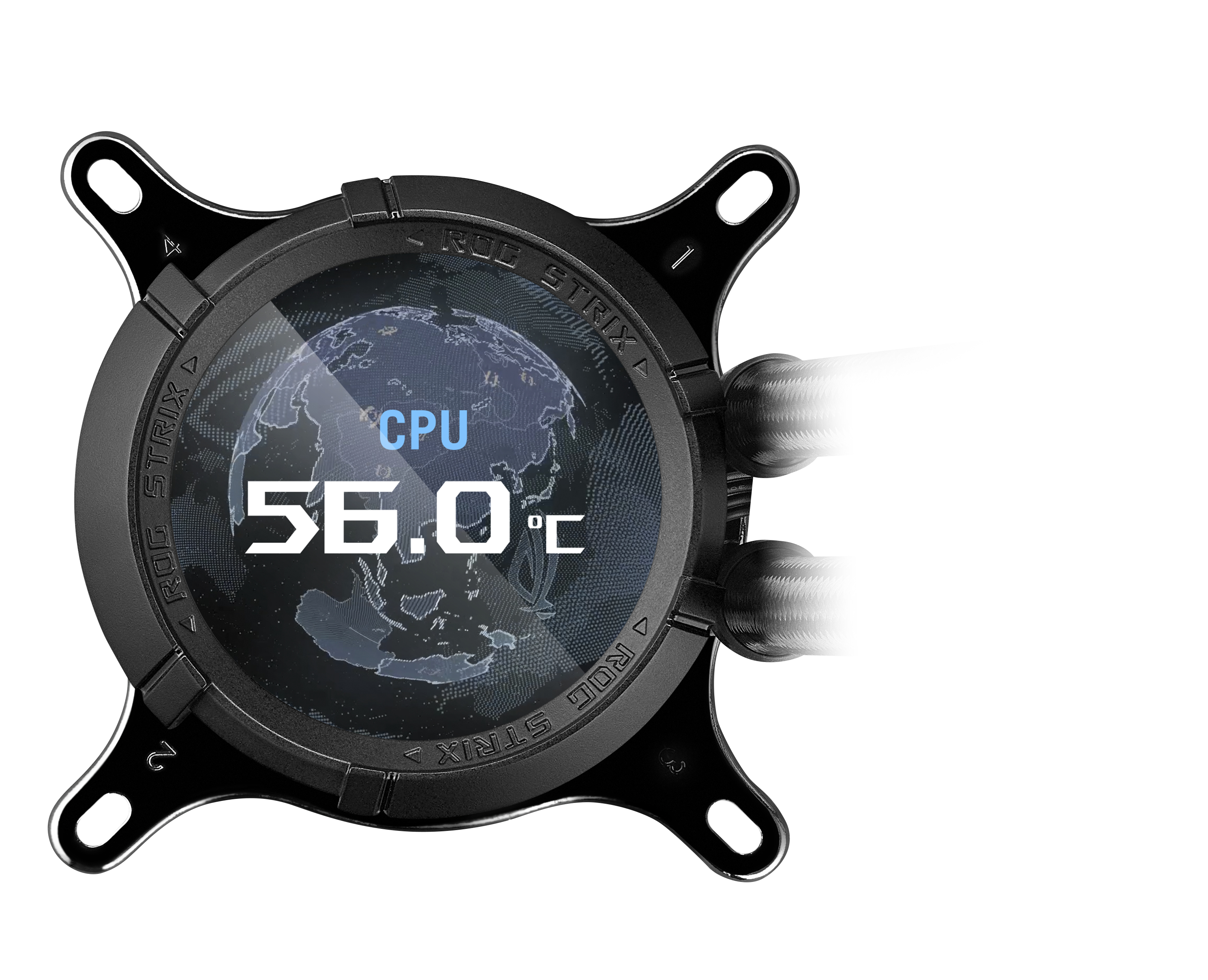 A CPU cooler with a screen displaying a world map and CPU temperature of 56.0°C. The cooler is black.