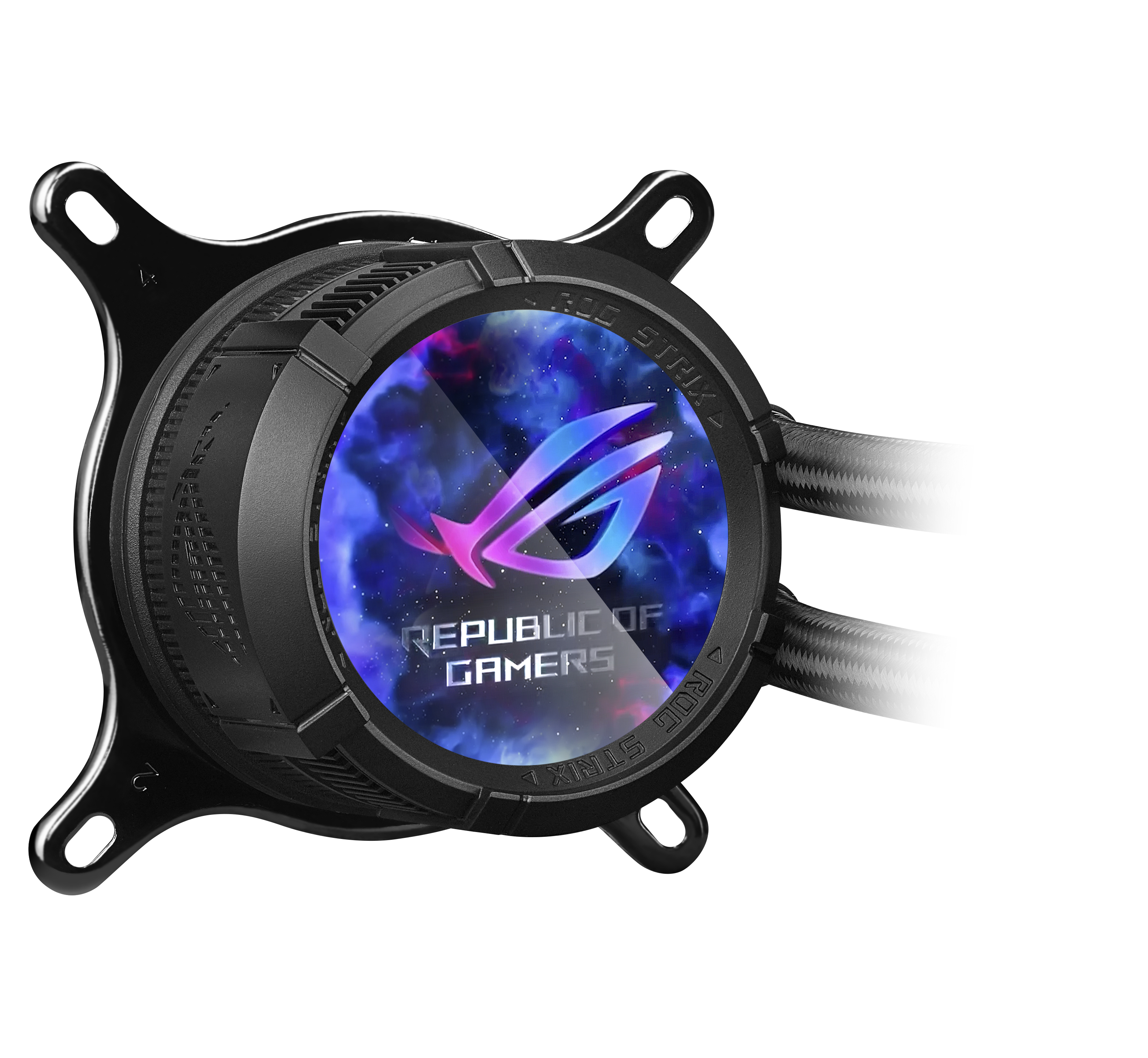 A black computer cooler with a circular design. It has a logo with a galaxy background and ROG text.