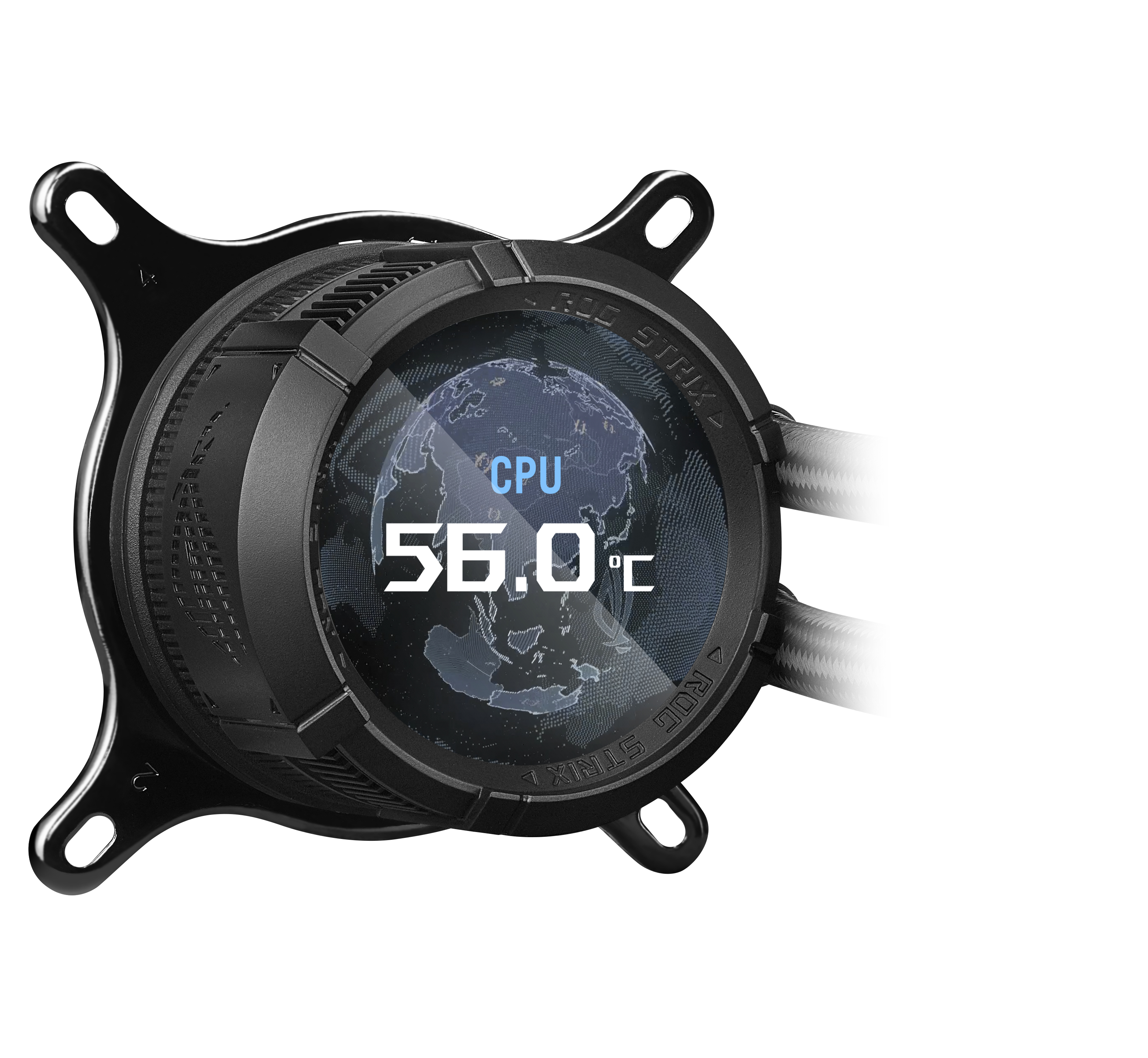 A black CPU cooler shows the CPU temperature at 56.0 degrees. It has a screen and is mounted.