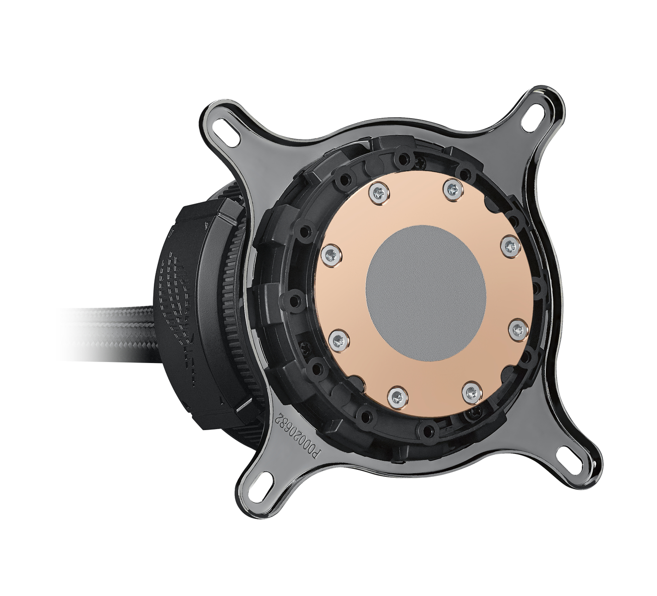 A computer liquid cooler on a white background. It features a copper-colored central disc, black components, and silver screws.