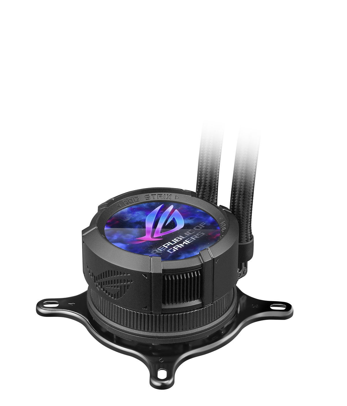 A black ROG Strix CPU cooler with a glowing logo. It has tubes and a circular design. Background is white.
