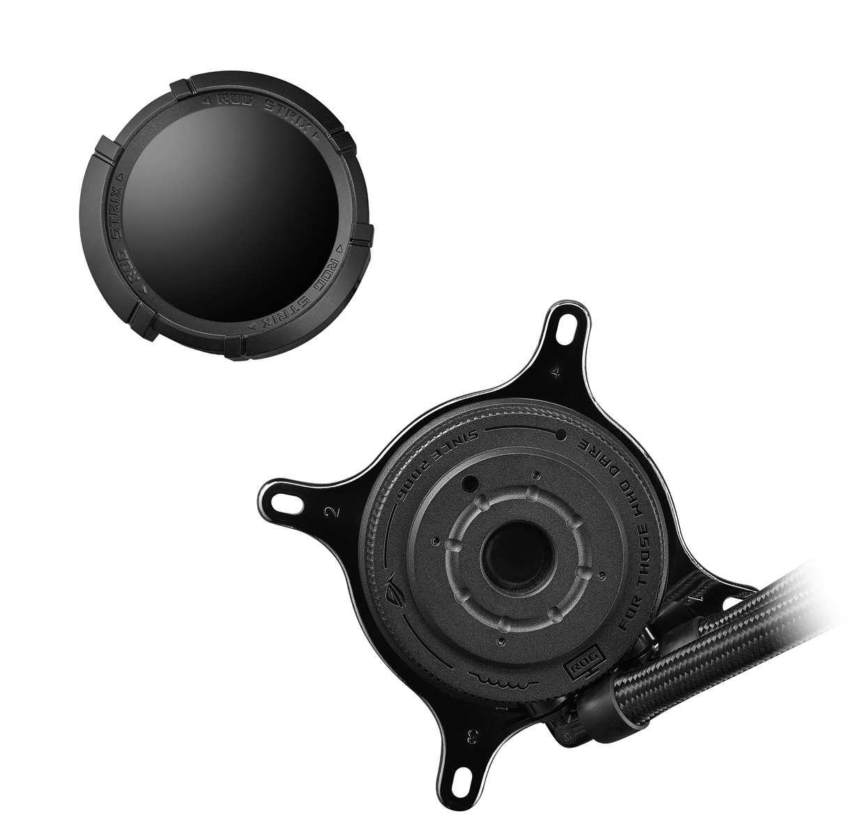 Black ROG Strix CPU cooler components on white background. Includes a circular component and a larger fan component.