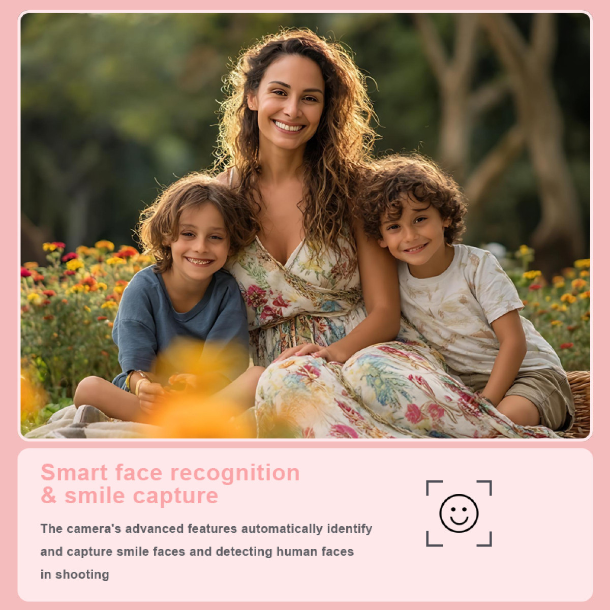 Kobieta i dwoje dzieci uśmiechających się na zewnątrz. Otaczają ich kwiaty, na różowym tle.