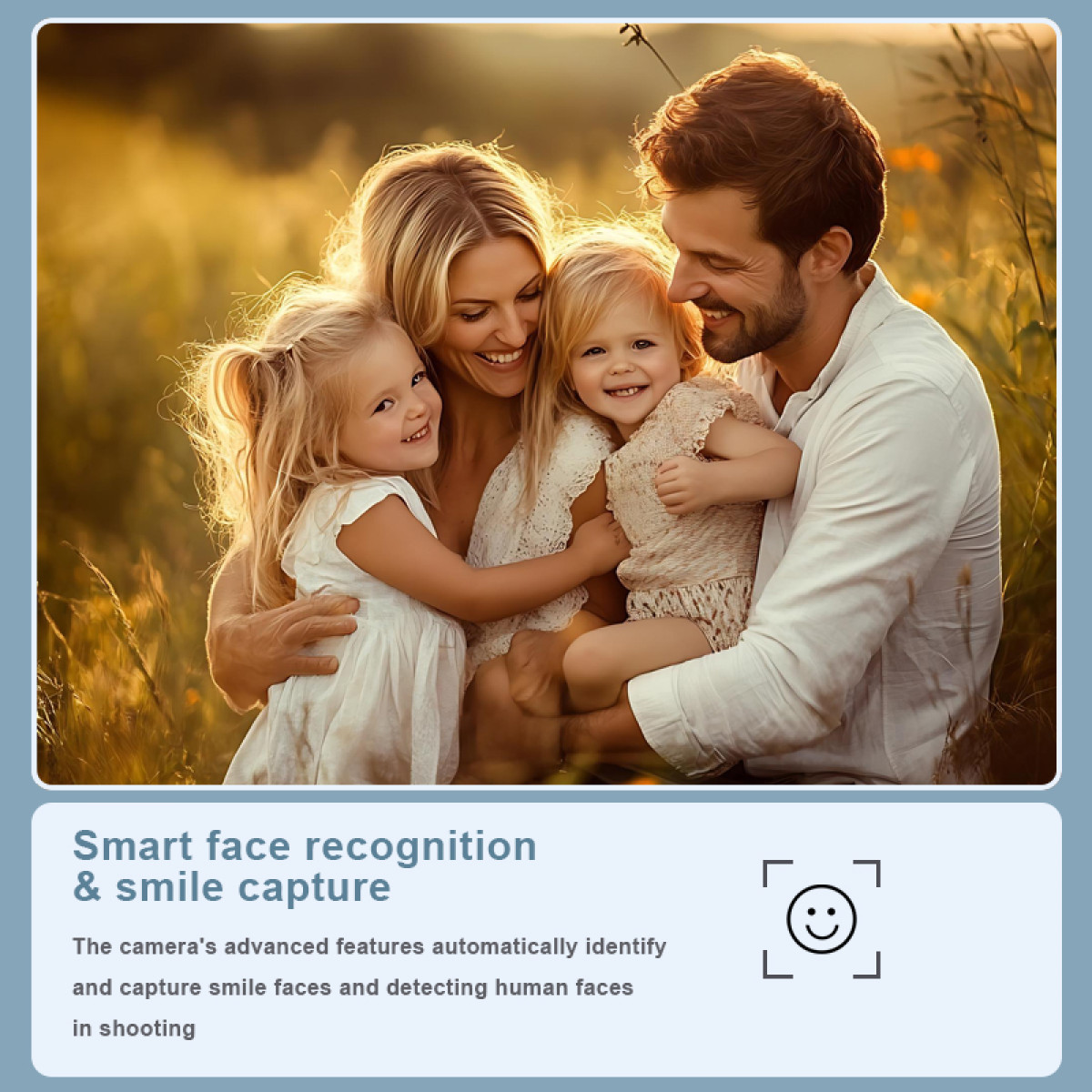 Rodzina czteroosobowa uśmiecha się na polu. Rodzice obejmują dwie małe dziewczynki. Ciepłe światło słoneczne oświetla scenę.