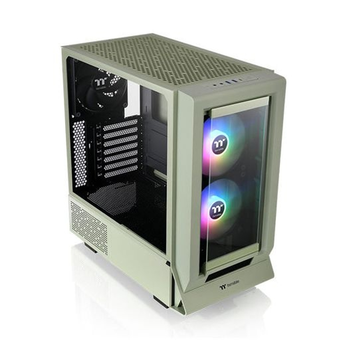 Viene mostrato un case per computer. Ha un pannello laterale in vetro che rivela ventole colorate. L'involucro è verde chiaro con la parte superiore strutturata.