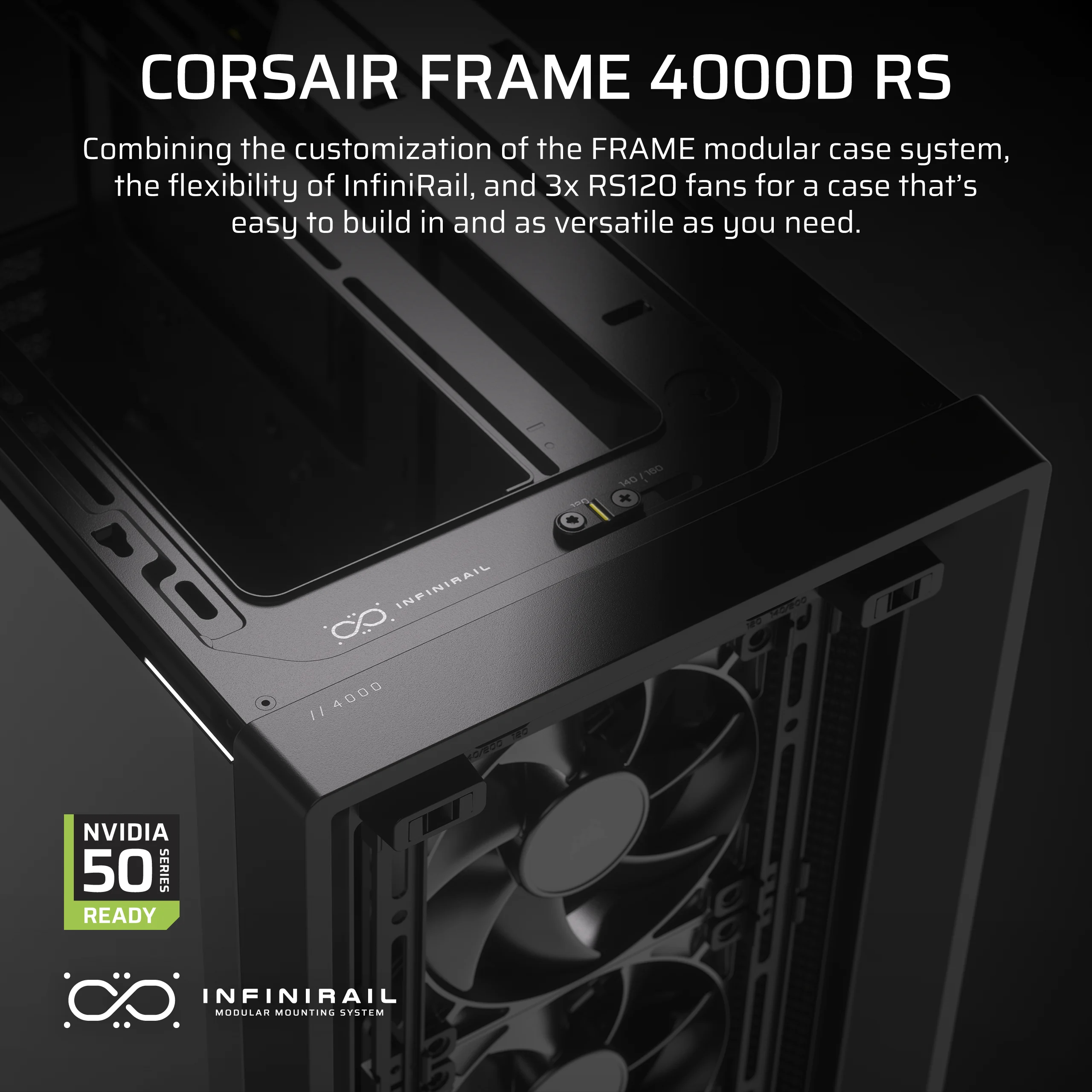 Czarna obudowa komputera z wentylatorami. Tekst brzmi 'Corsair Frame 4000D RS' i 'Nvidia 50 series ready'.