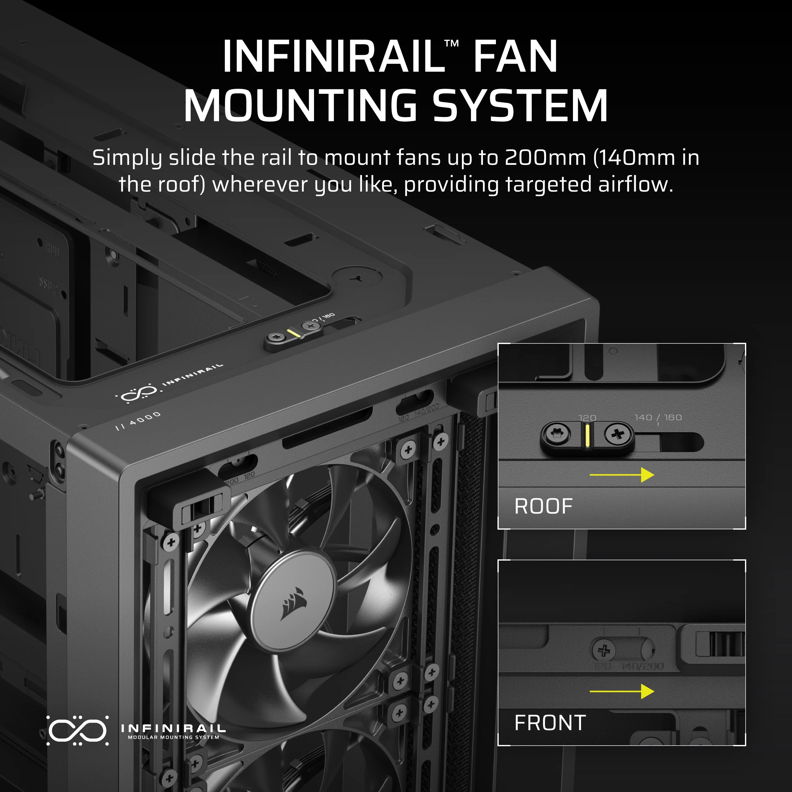 Czarna obudowa komputera z wentylatorem, nakładka tekstowa wyjaśniająca system montażu wentylatora Infinirail.