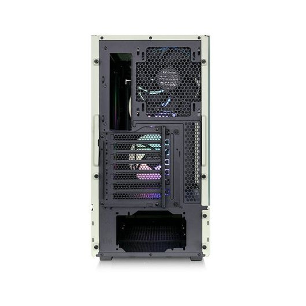 Vista posteriore di un case per computer. È beige con prese d'aria nere e una ventola. All'interno sono visibili varie porte con luci colorate.