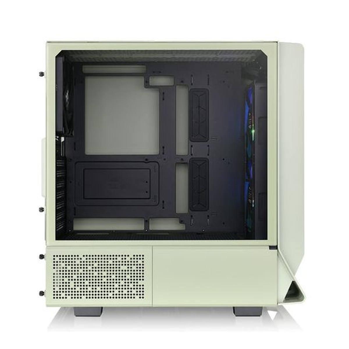 Un case per computer vuoto, verde chiaro, con componenti interni visibili. Ha un pannello frontale a rete, un lato trasparente e si appoggia su piedini.