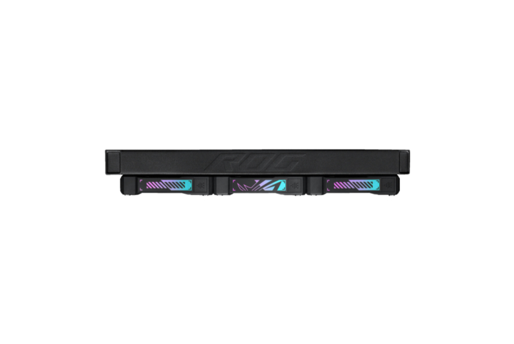 Un appareil ROG noir avec des lumières RVB. L'appareil est de forme rectangulaire et porte le logo ROG. Les lumières sont multicolores.