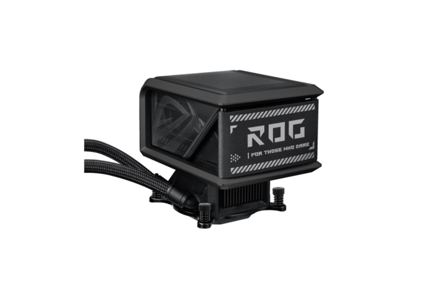 Refroidisseur CPU ROG noir avec un design en forme de cube. Il comporte des tubes, une marque et une base noire.
