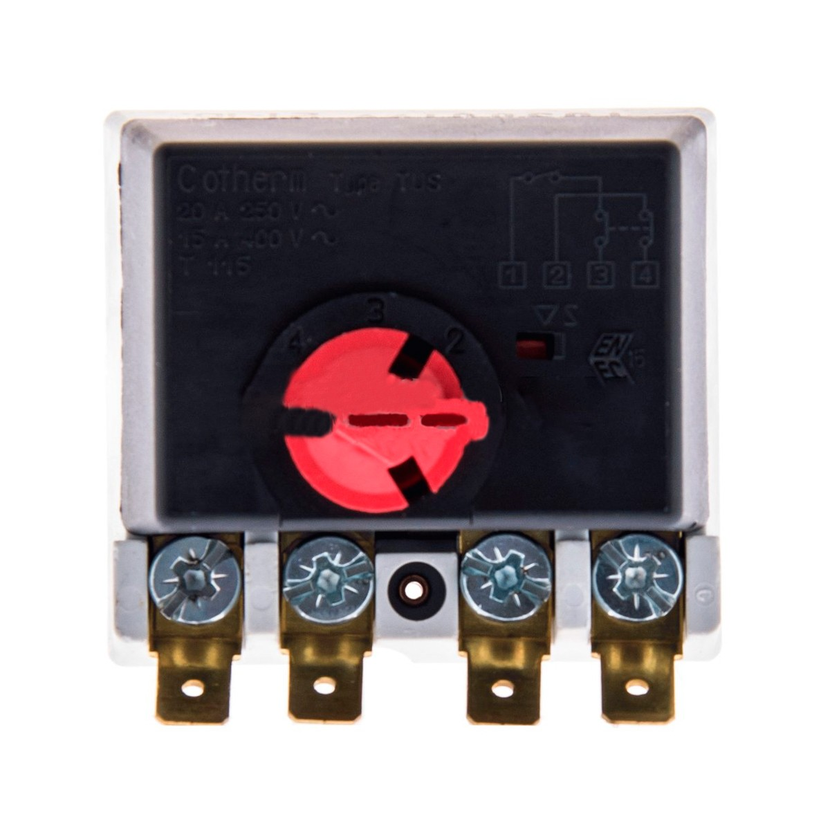 Un componente eléctrico blanco y negro. Tiene un dial rojo y múltiples terminales. Números y texto visibles en la superficie.