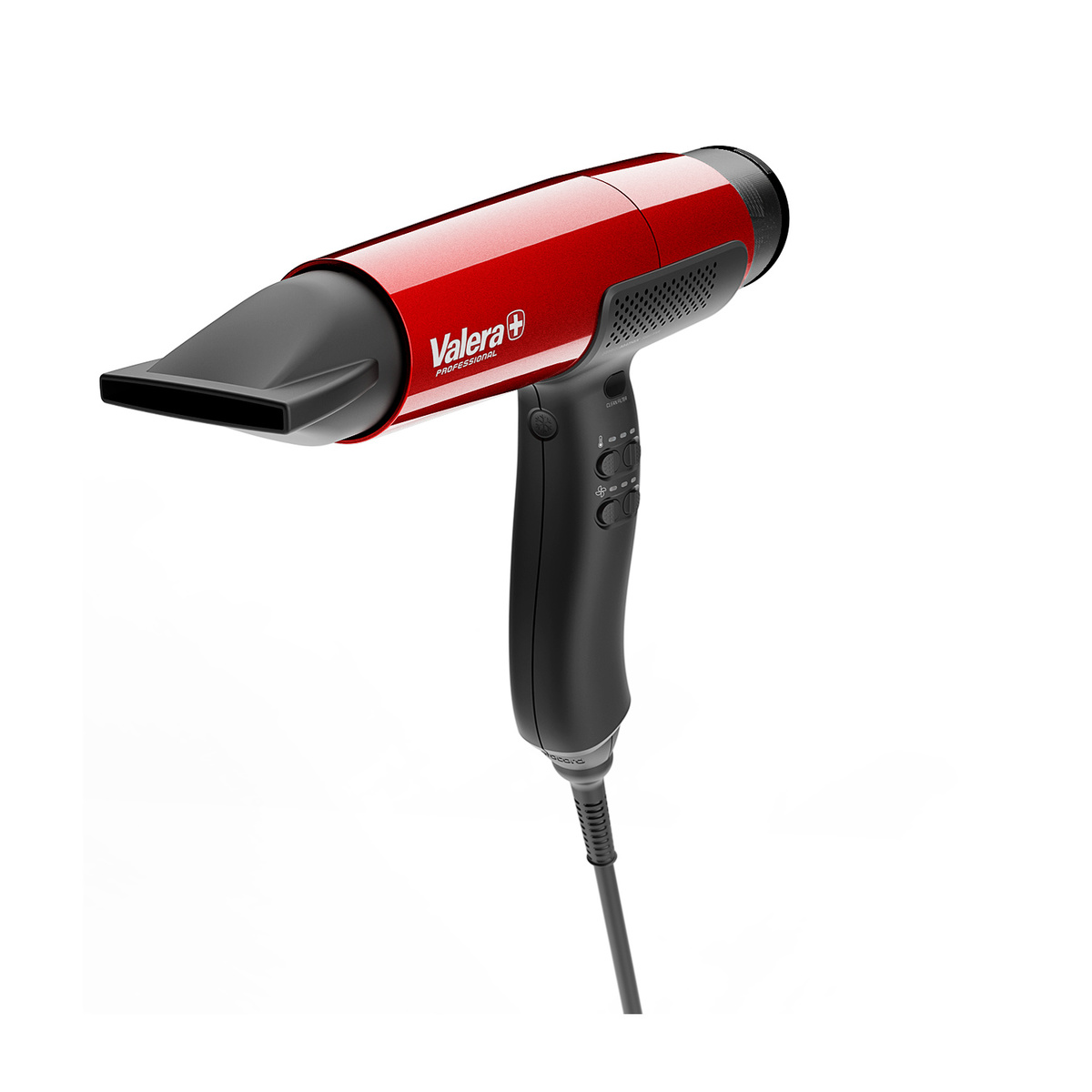 Czerwono-czarna suszarka do włosów, lekko pochylona. Posiada markę Valera. Uchwyt i dysza są czarne, korpus czerwony.