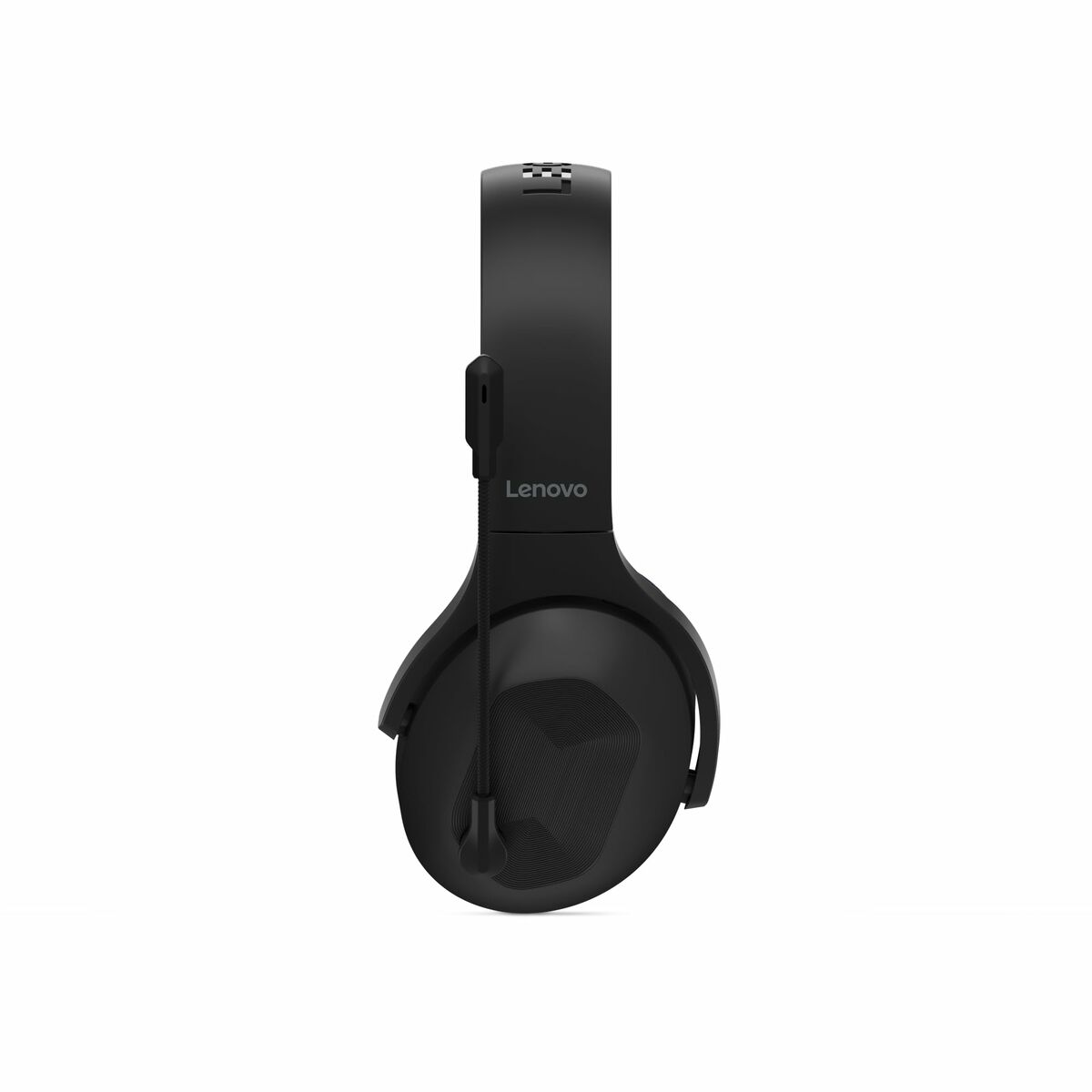 Ein schwarzes Lenovo-Headset mit Mikrofon. Das Headset befindet sich auf weißem Hintergrund. Das Logo ist sichtbar.