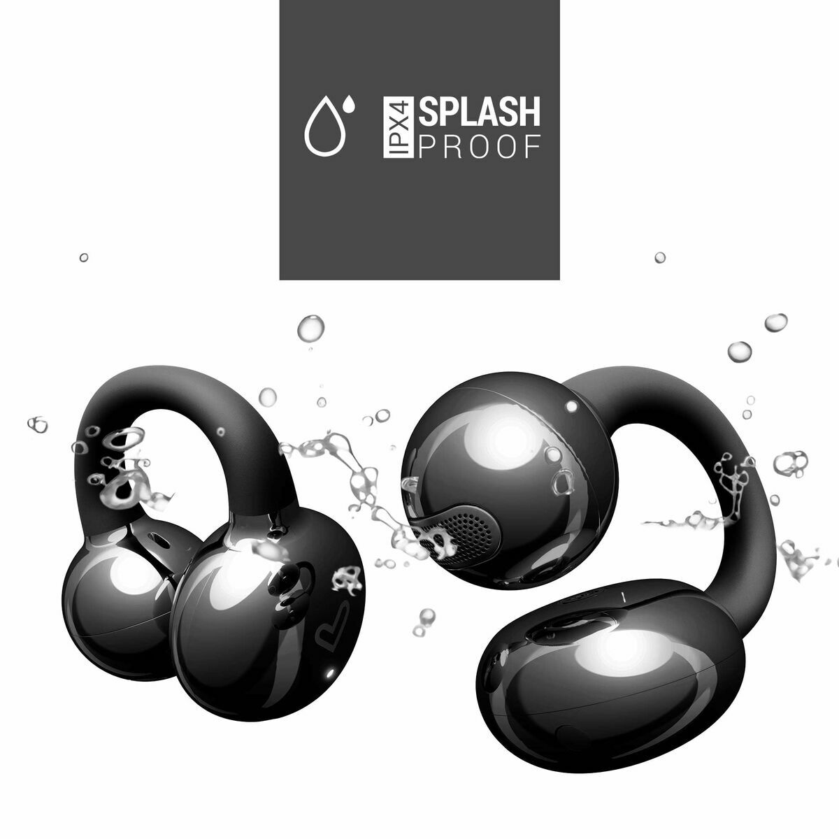 Cuffie wireless nere con gocce d'acqua intorno. Un logo a prova di spruzzi sullo sfondo.