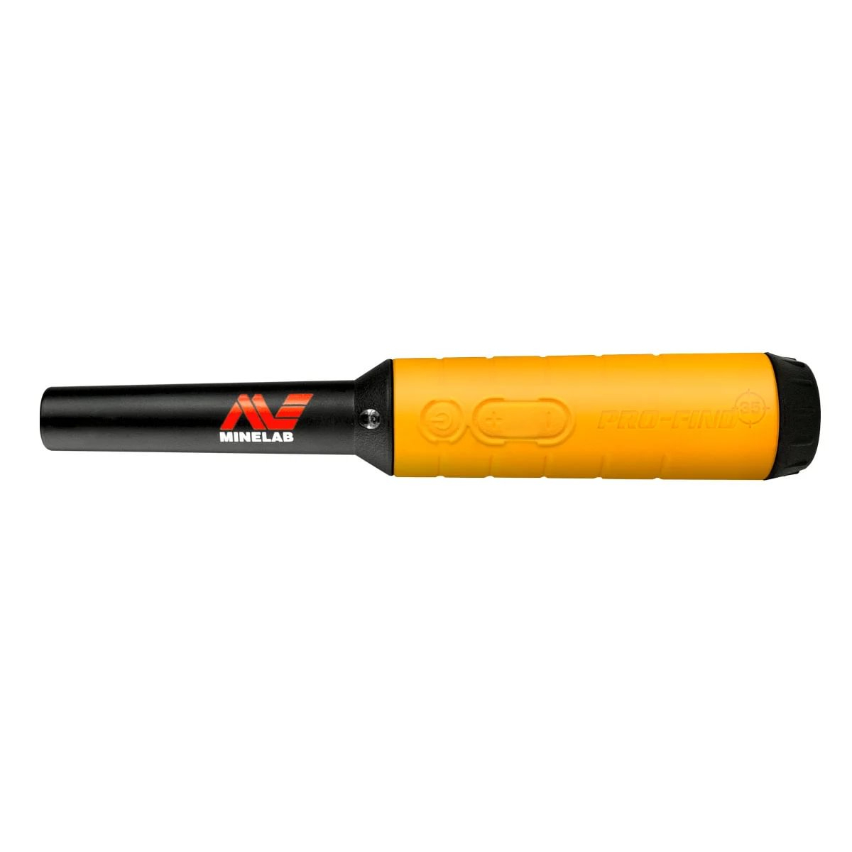 Ein Metalldetektor mit schwarzem und gelbem Gehäuse. Es hat ein Logo mit der Aufschrift Minelab. Das Gerät hat Knöpfe und eine Spitze.