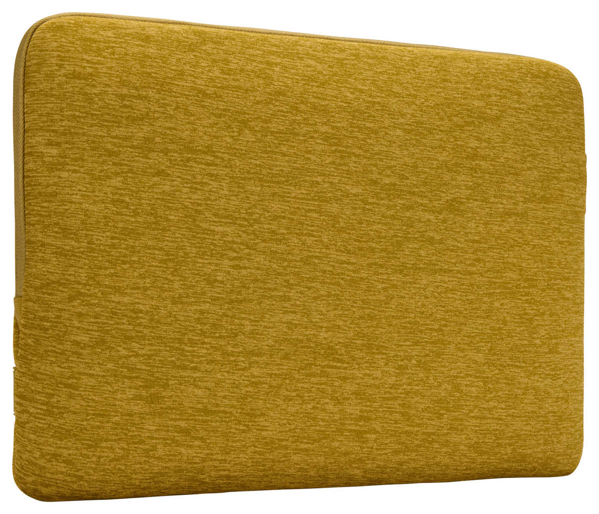 Una custodia rettangolare, strutturata, giallo-verde per laptop. La custodia è leggermente angolata e ha gli angoli arrotondati. È visibile una cerniera.