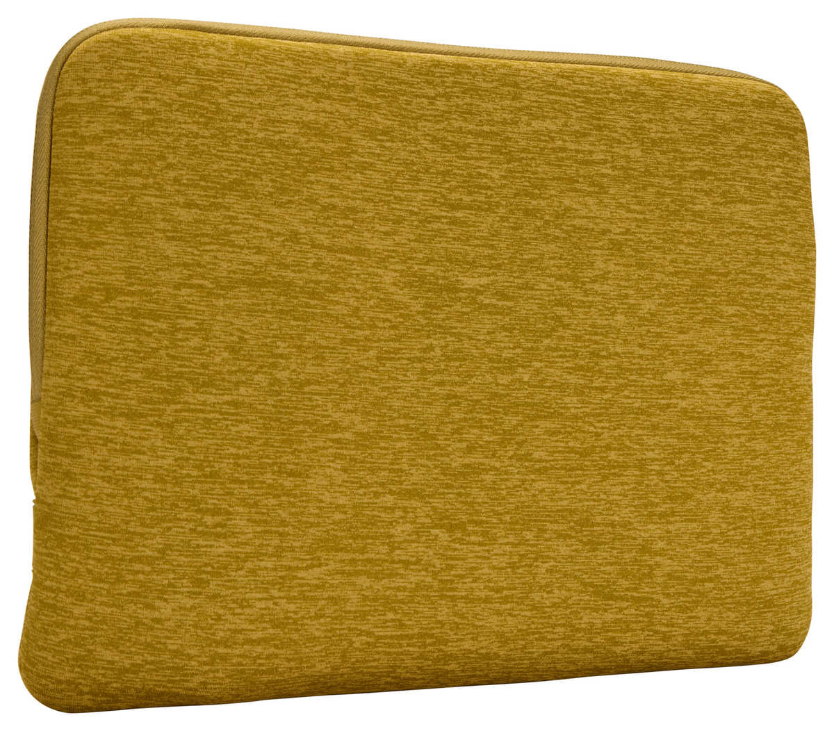 Una custodia per laptop verde oliva. La trama è ruvida. Ha una cerniera e un bordo beige.
