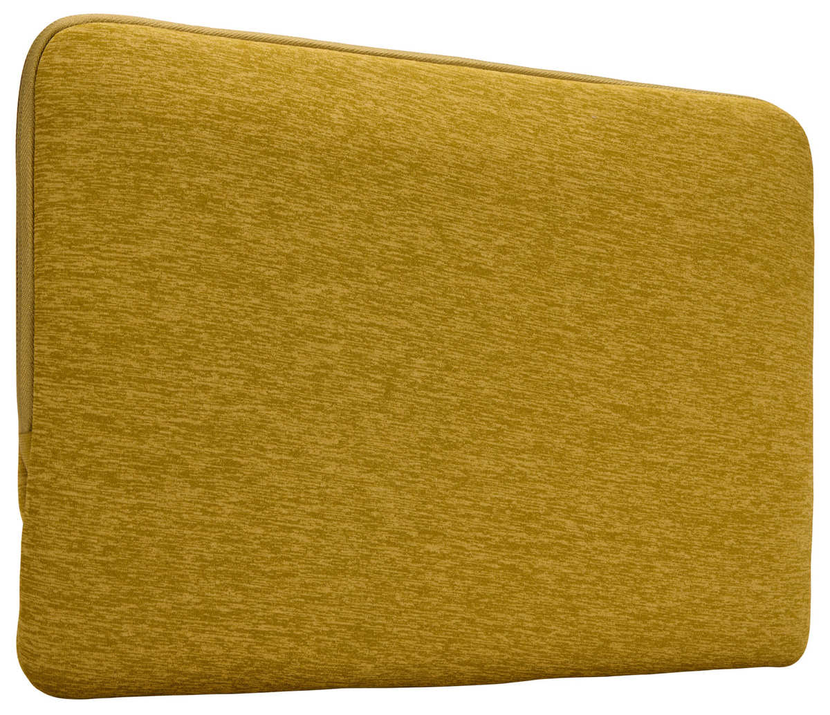 Un cuscino rettangolare, strutturato, giallo senape con un bordo giallo chiaro a contrasto e angoli arrotondati, isolato su bianco.