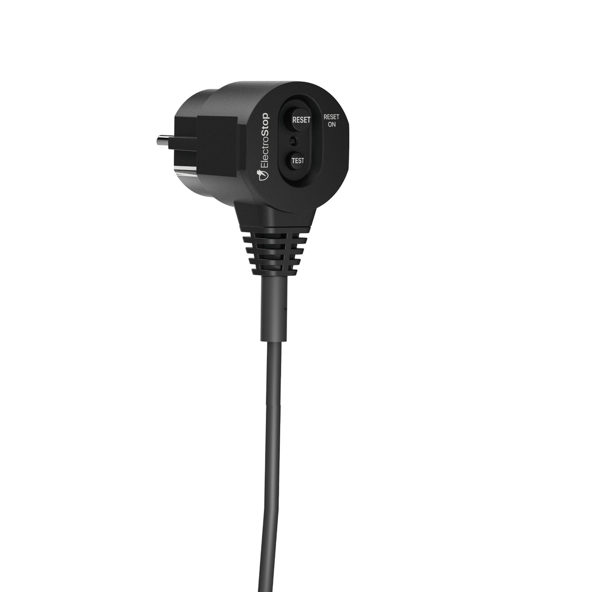 Spina ElectroStop nera con pulsanti reset e test. Un cavo nero si estende verso il basso. Sfondo bianco.