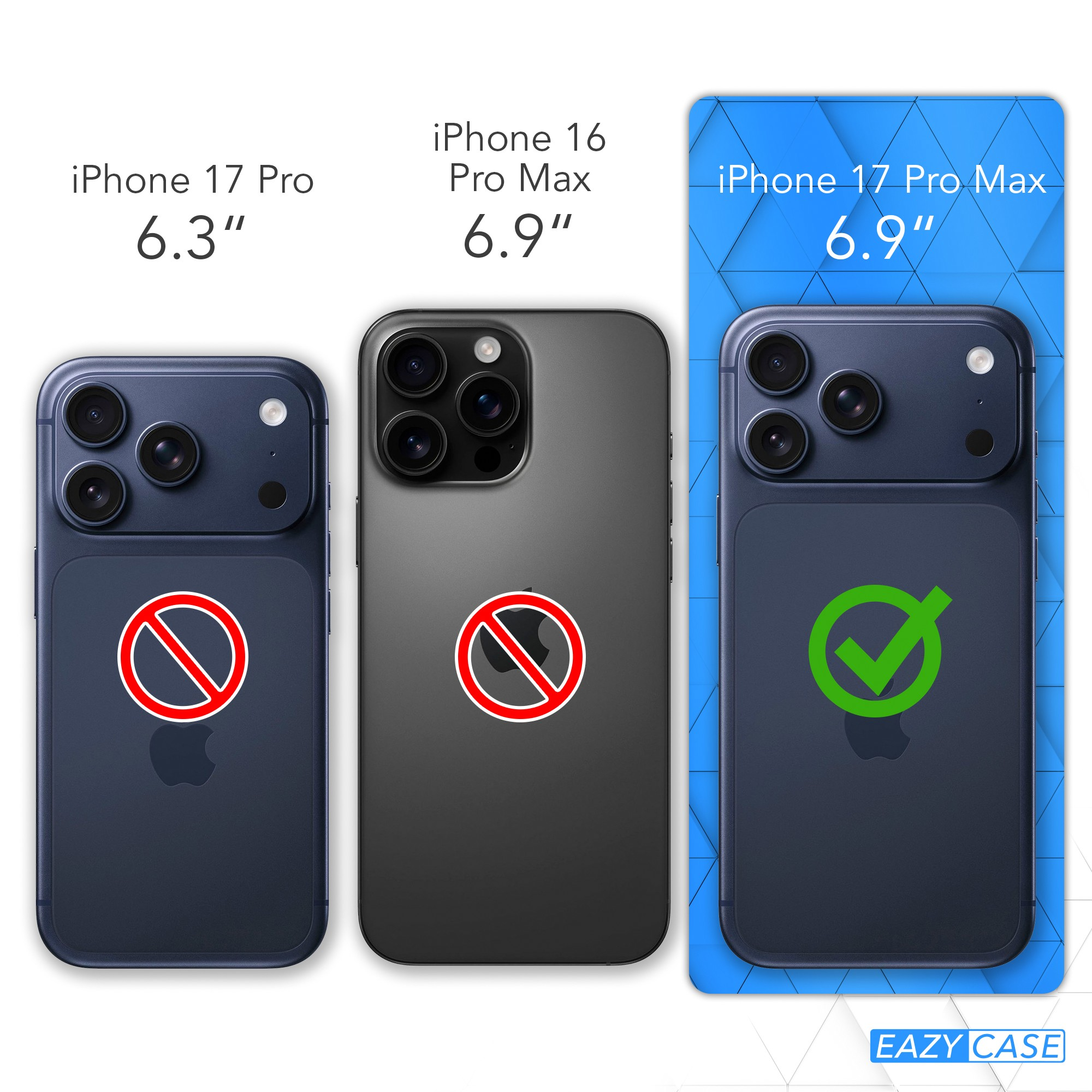 Das Bild zeigt drei Telefone: iPhone 17 Pro, iPhone 16 Pro Max und iPhone 17 Pro Max, mit Größenangaben.
