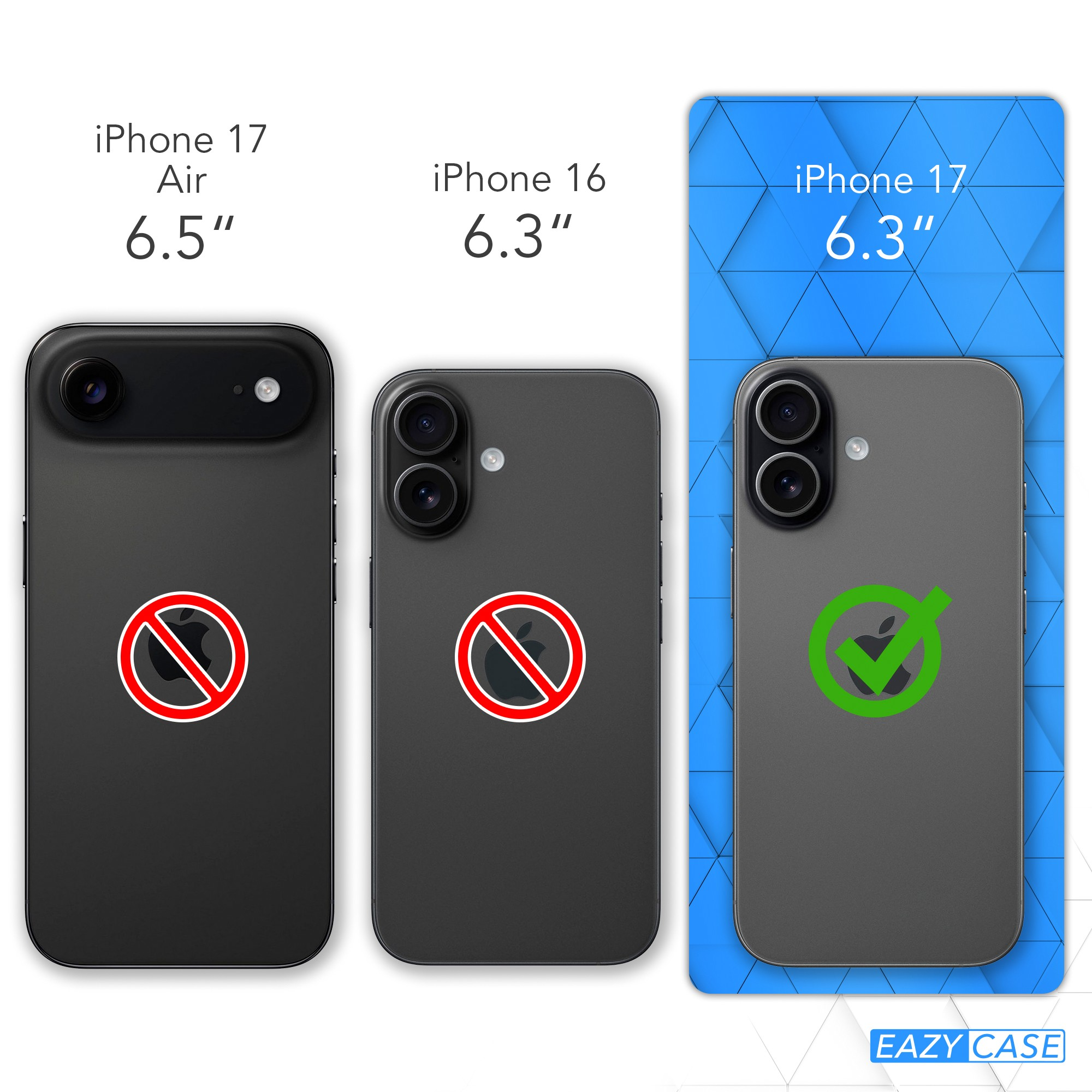 Das Bild zeigt drei Telefonrückseiten. Die mittlere hat ein Verbotszeichen über einem Apple-Logo. Die rechte hat ein Häkchen.