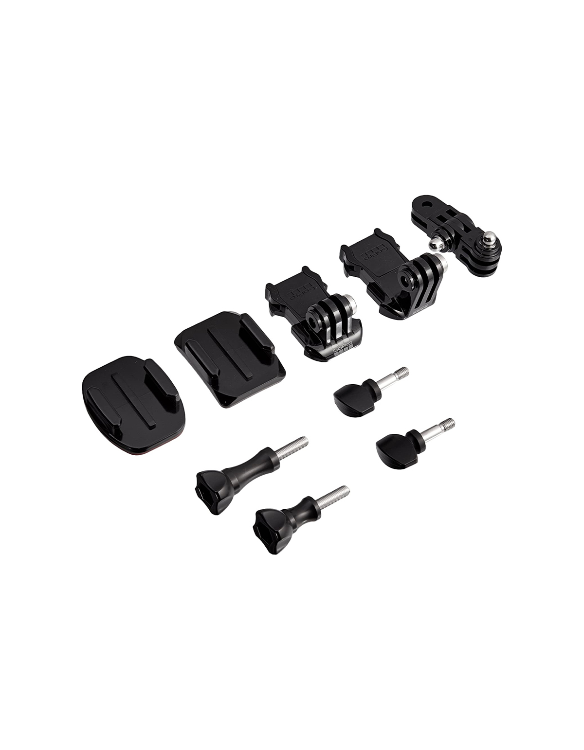 Accesorios de montaje GoPro negros, incluyendo soportes, tornillos y montajes adhesivos, dispuestos sobre un fondo blanco.