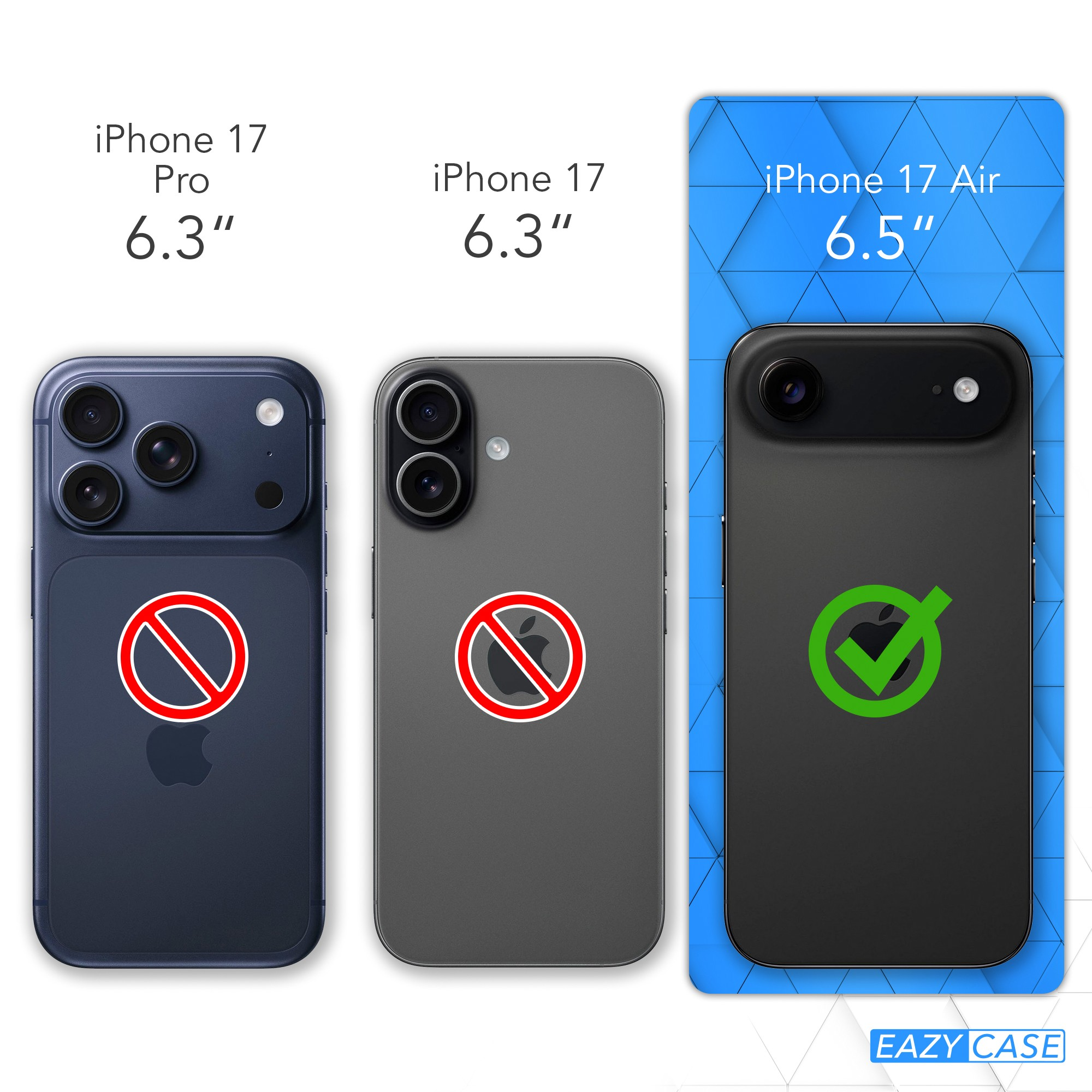 Das Bild vergleicht iPhone 17-Modelle: Pro, Air und Standard. Pro und Standard zeigen ein Verbotszeichen. Air zeigt ein Genehmigungszeichen.