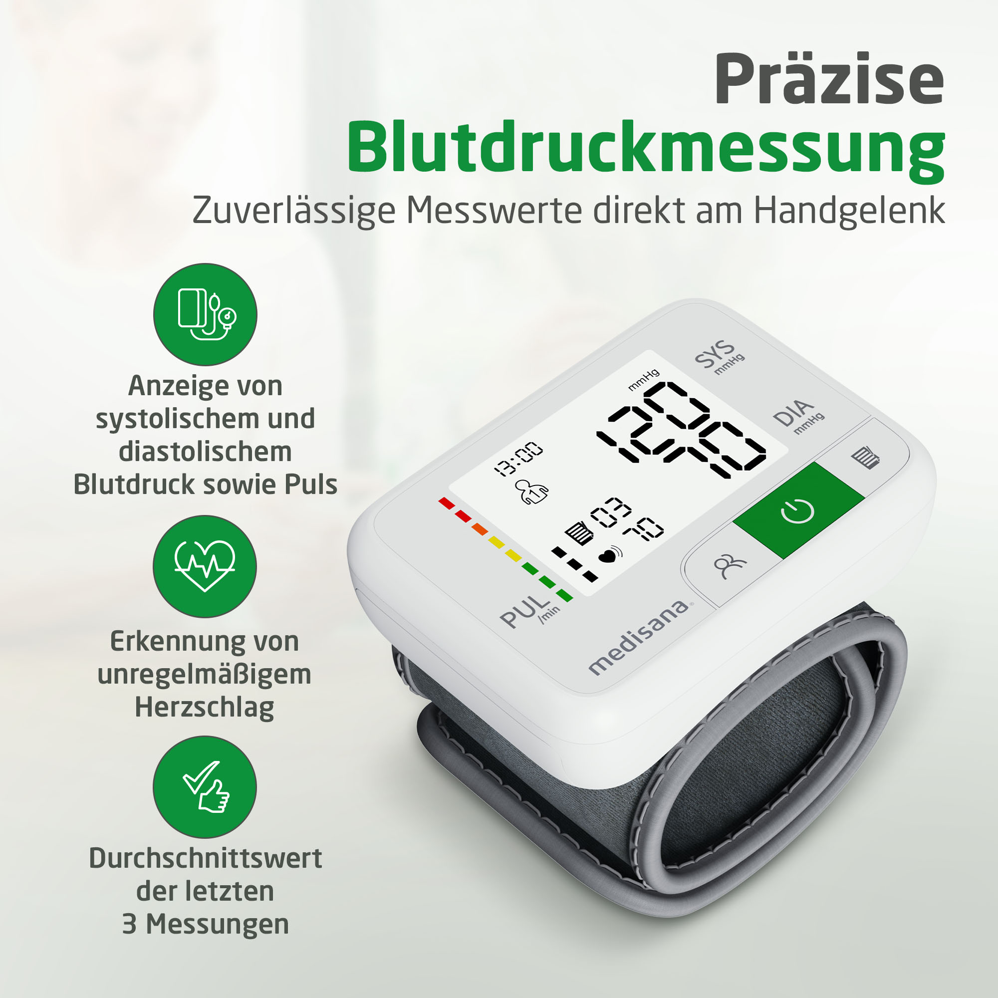 Ein weißes Blutdruckmessgerät, das Messwerte anzeigt. Grüner Text sagt: 'Präzise Blutdruckmessung'.
