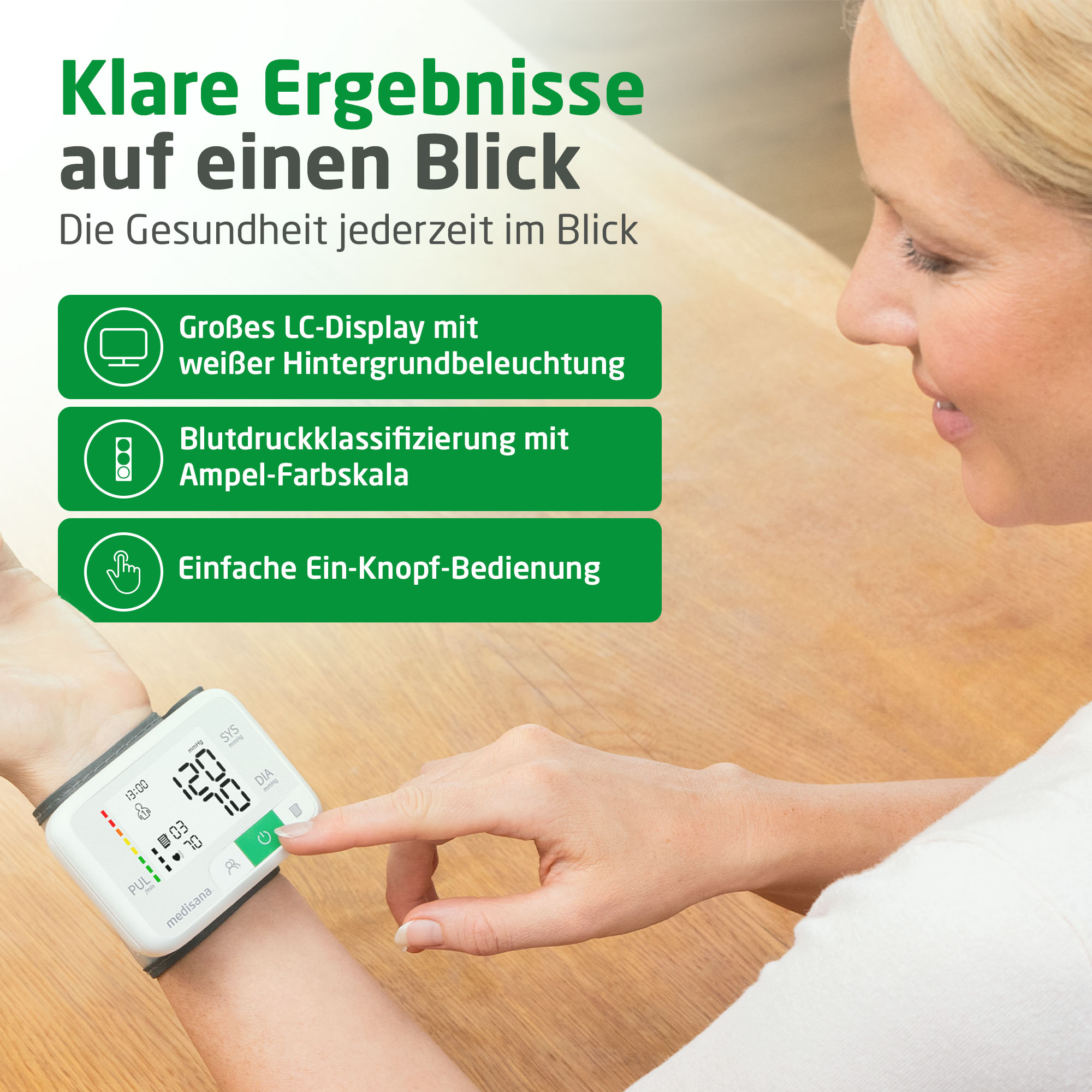 Der Arm einer Frau mit einem Blutdruckmessgerät. Sie drückt den Knopf. Text sagt 'Klare Ergebnisse'.