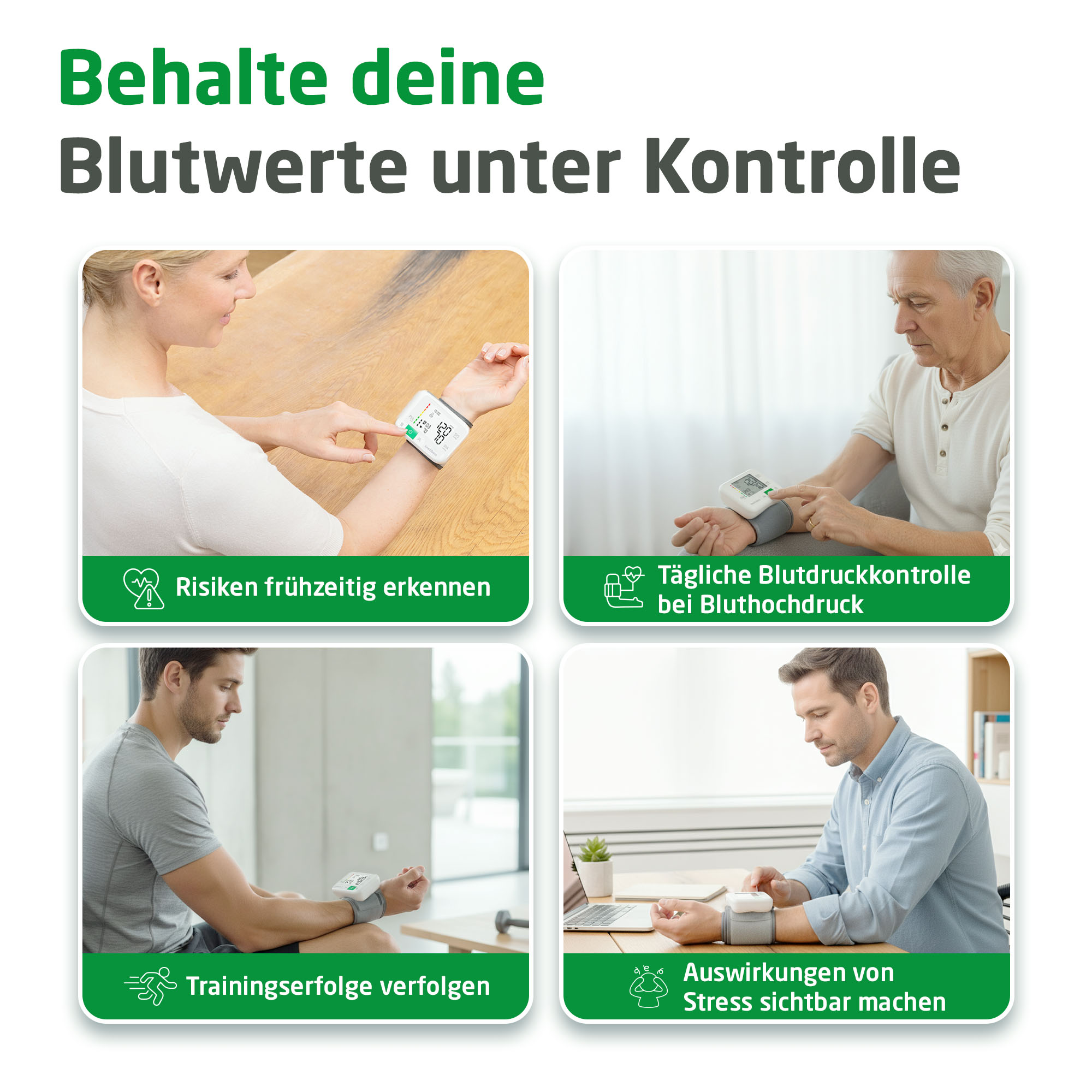 Das Bild zeigt vier Panels mit Personen, die Blutdruckmessgeräte verwenden, wobei Gesundheitsüberwachung und Stressmanagement hervorgehoben werden.