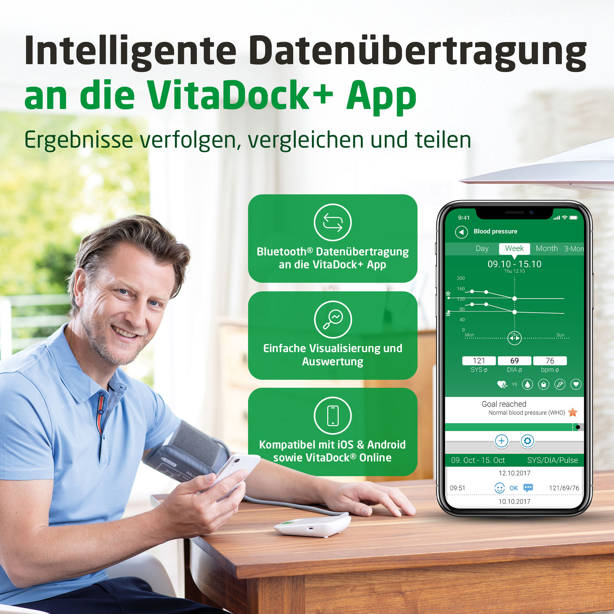 Mann mit Blutdruckmessgerät, betrachtet Smartphone mit Gesundheitsdaten. Grüne Benutzeroberfläche.