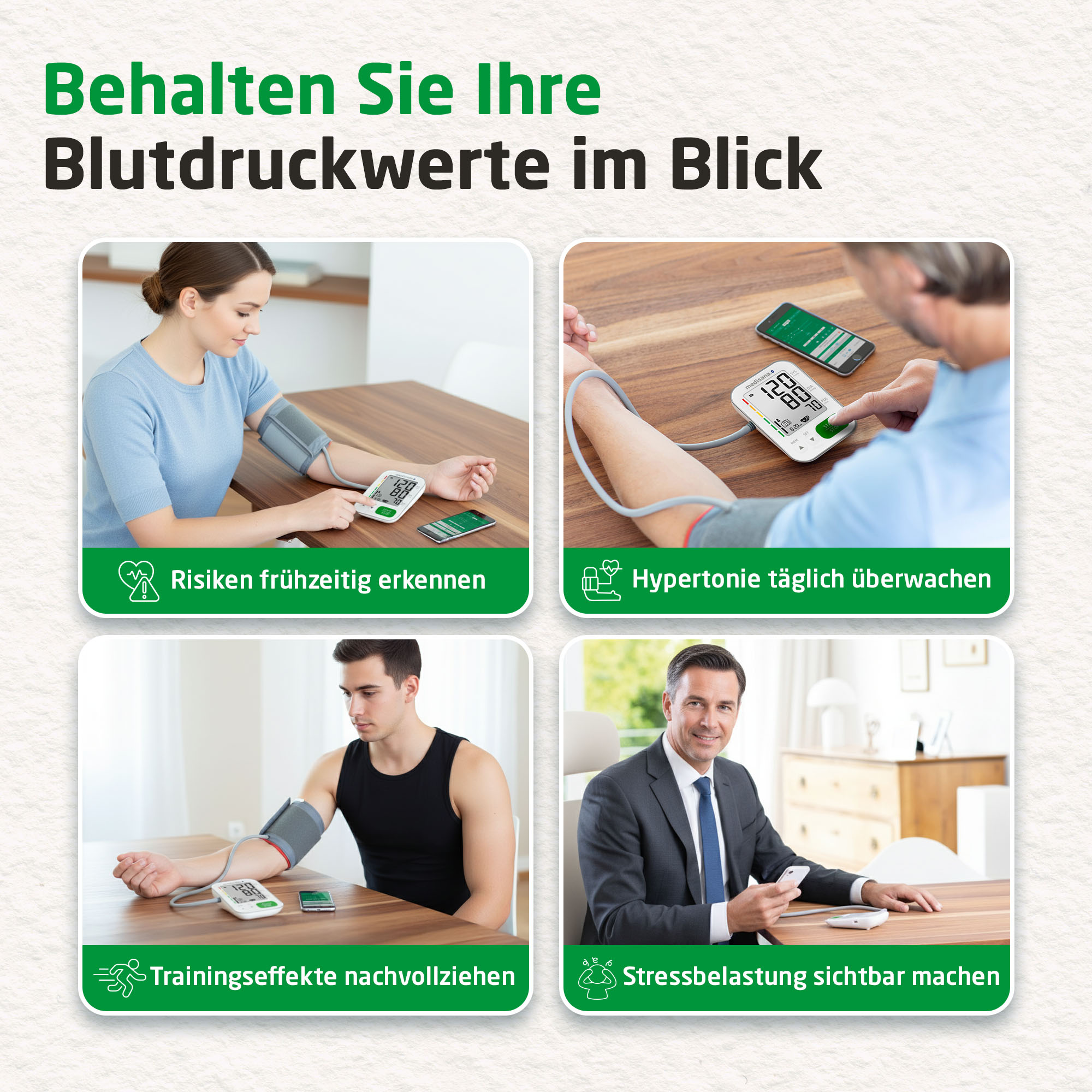 Vier Bilder zeigen Personen, die Blutdruckmessgeräte verwenden. Der Text enthält "Risiken frühzeitig erkennen" und "Hypertonie täglich überwachen".