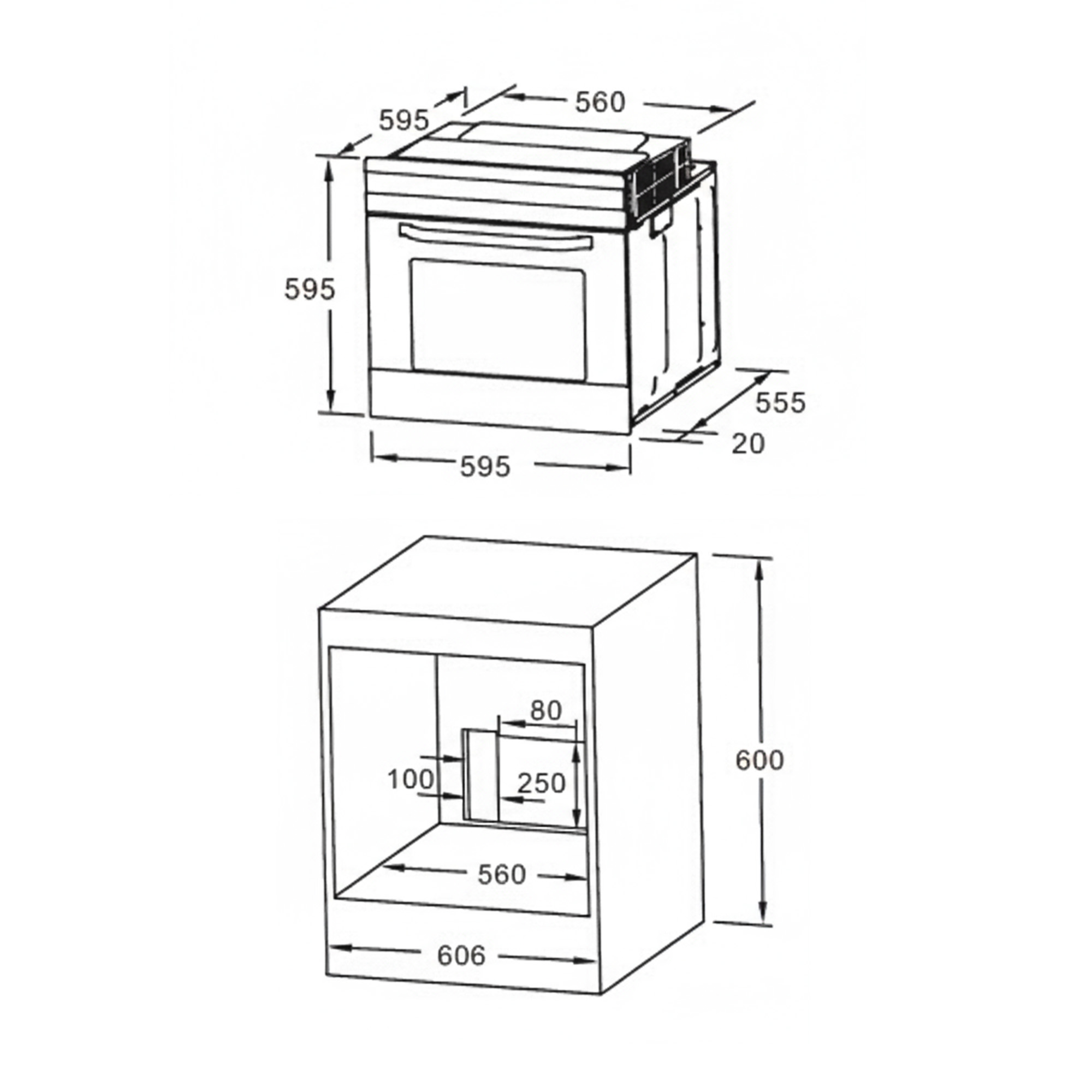 Schéma d'un four et ses dimensions en mm. Montre vues avant et latérales avec mesures.