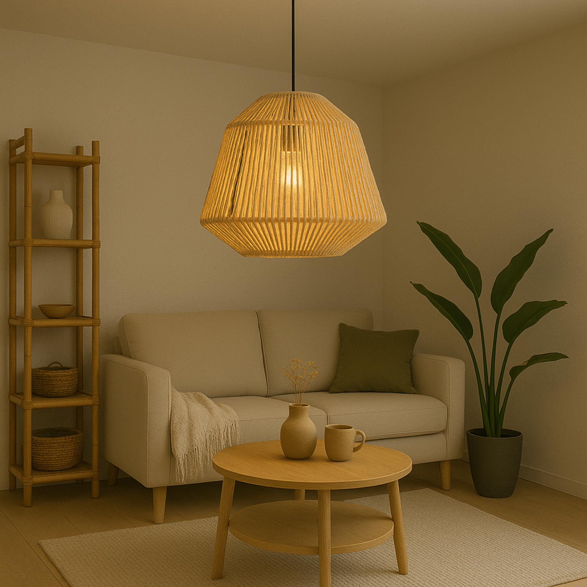 Salón: sofá beige, mesa redonda de madera, lámpara colgante, planta, alfombra y estantería de madera. Ambiente cálido.