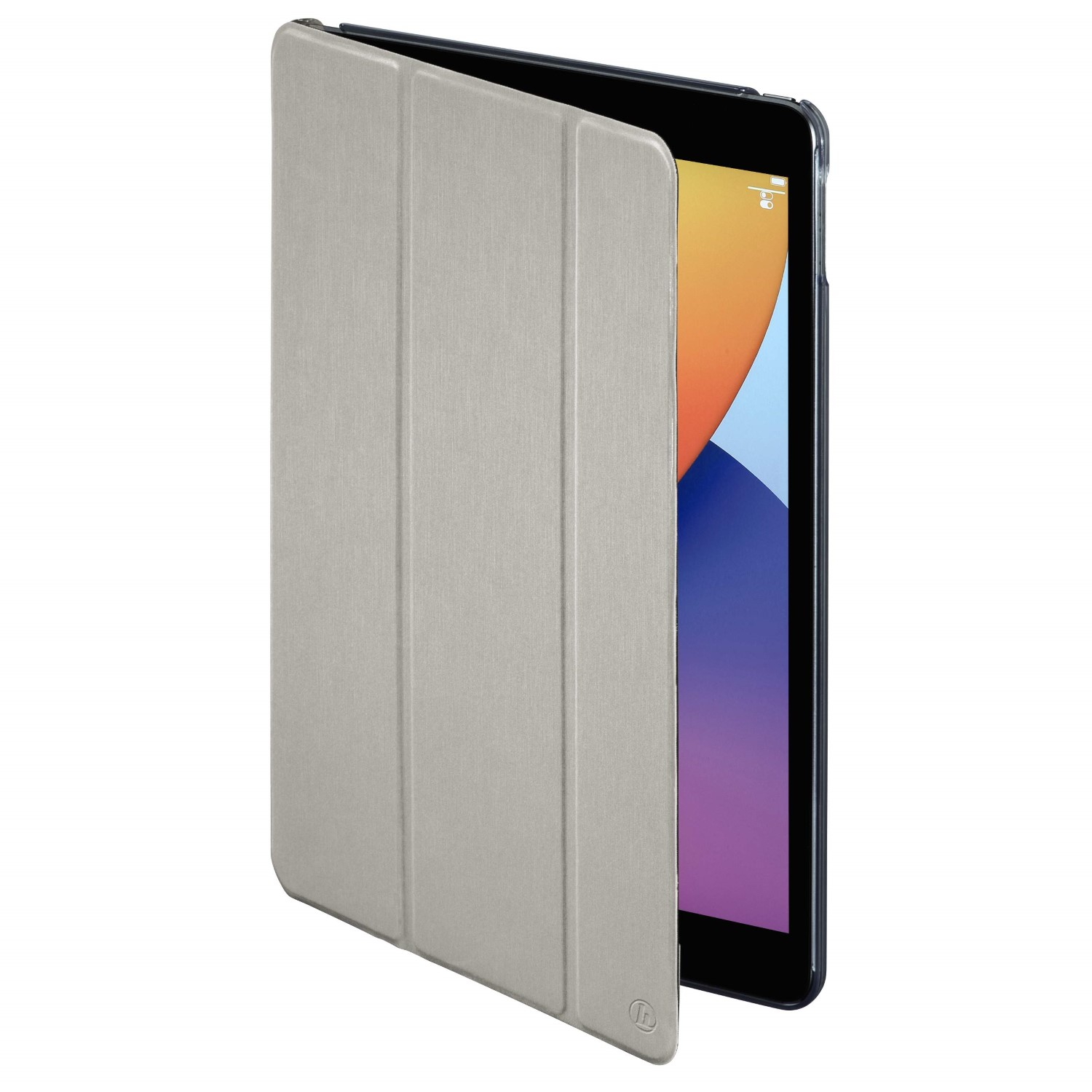 Ein iPad in einer hellgrauen Hülle, teilweise geöffnet. Der Bildschirm zeigt eine bunte Oberfläche. Weißer Hintergrund.