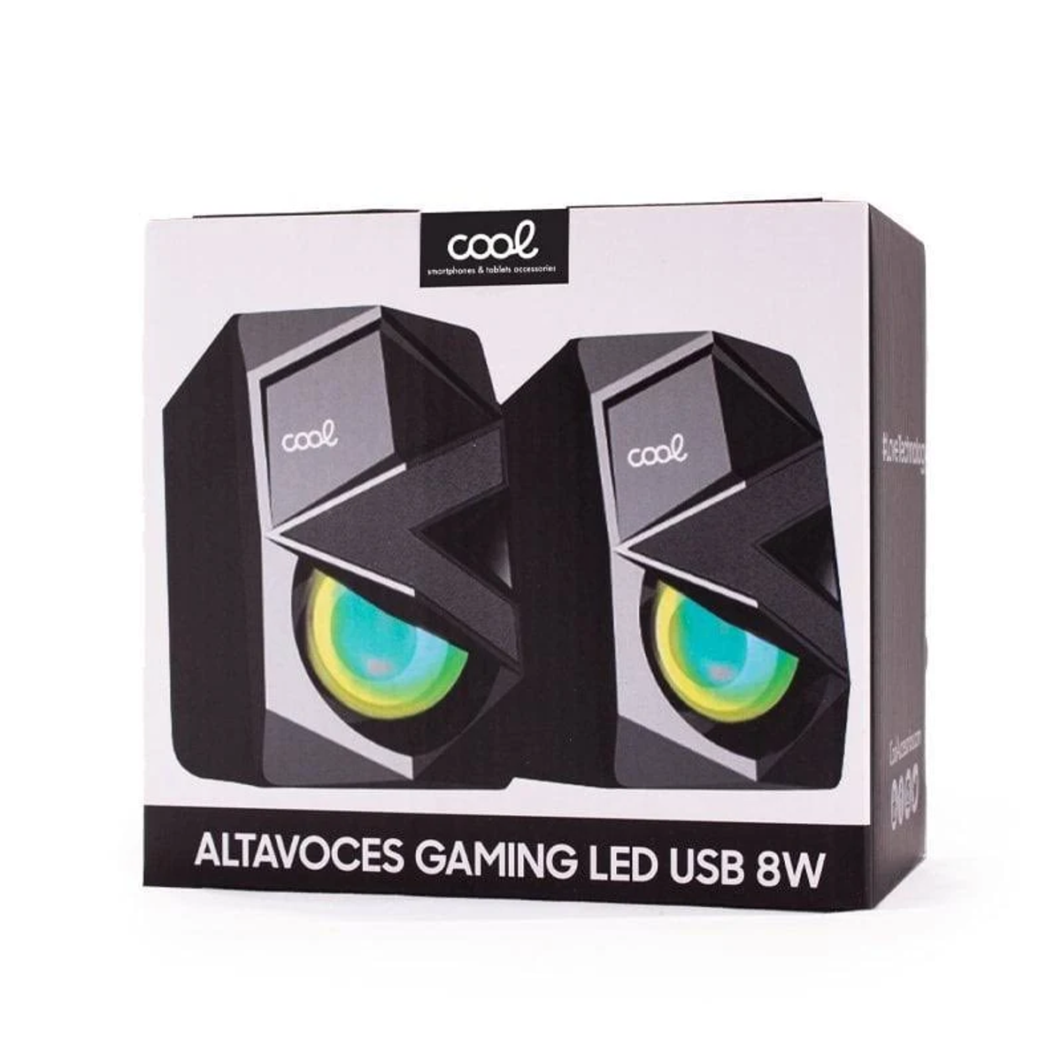 Scatola con due altoparlanti da gioco neri. Ognuno ha un logo e un centro illuminato. Il testo recita 'ALTAVOCES GAMING LED USB 8W'.