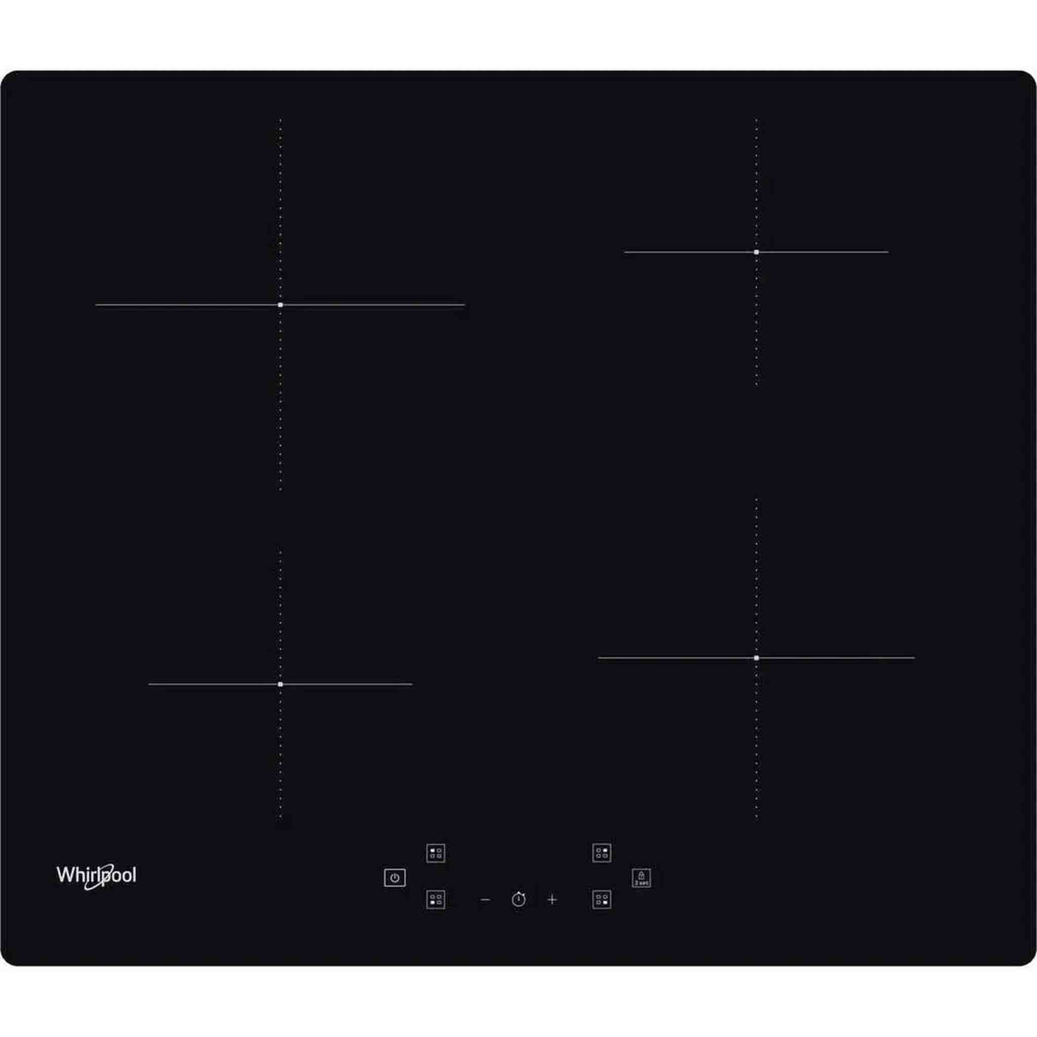 Placa de inducción negra Whirlpool con cuatro zonas de cocción, cruces blancas y controles táctiles.