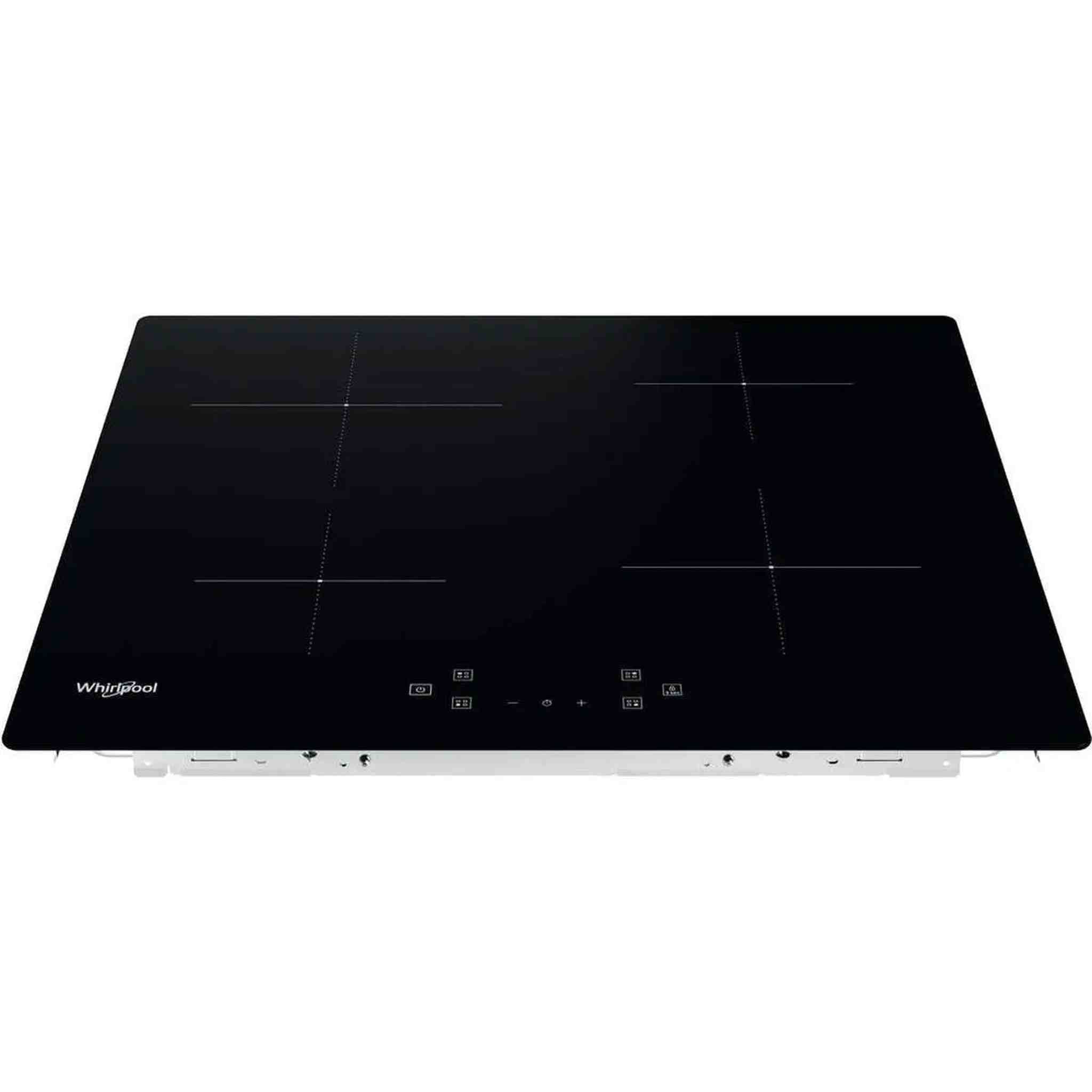 Placa de inducción negra Whirlpool con cuatro fuegos y controles táctiles. Ribete blanco en la parte inferior.